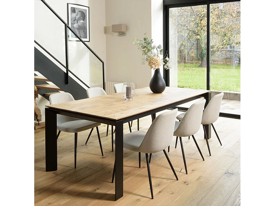 TOM - Lot de 2 chaises tissu écru dossier droit pieds acier noir