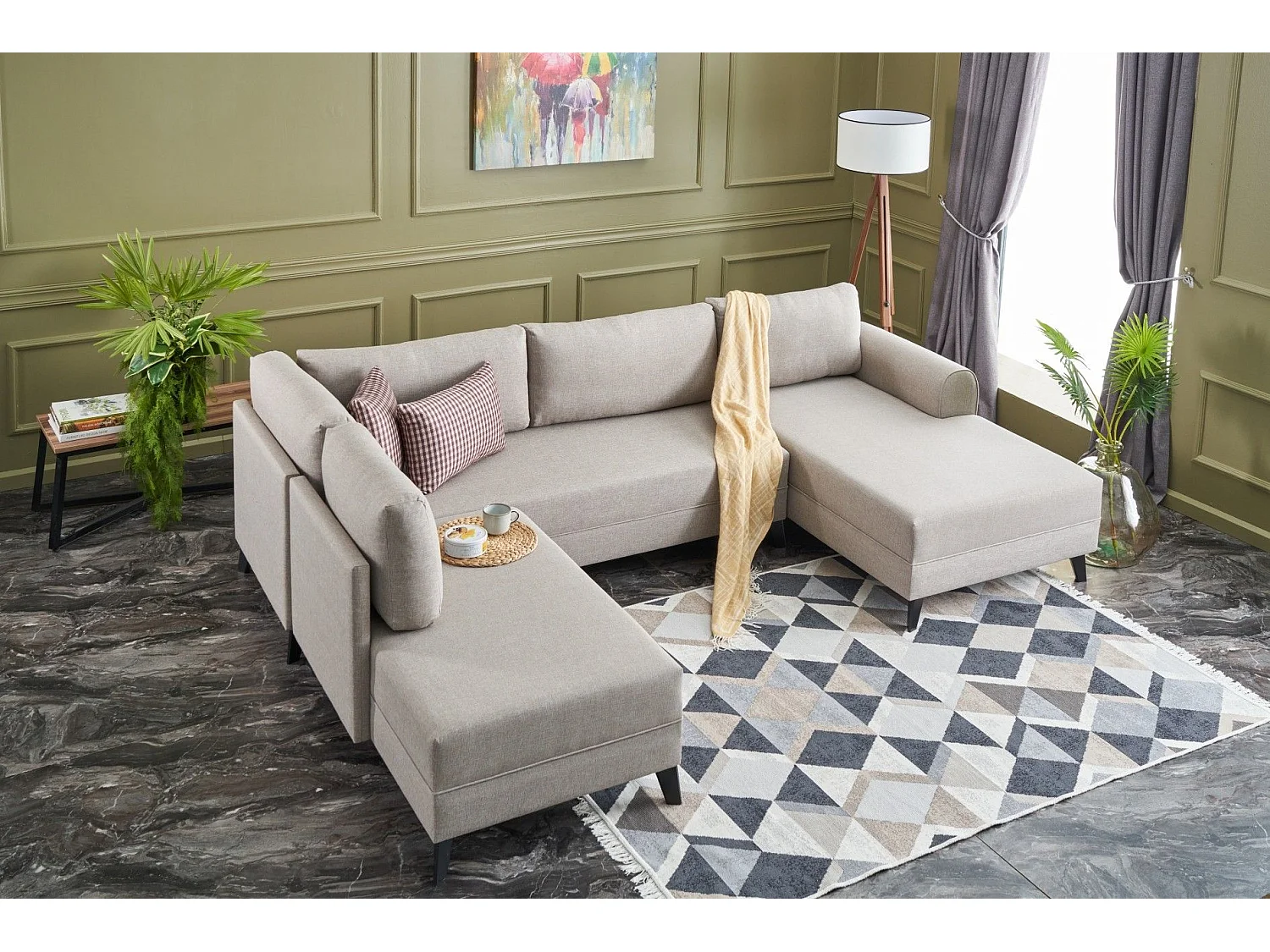 Canapé panoramique d'angle à gauche modulable Lalardie Tissu Blanc crème