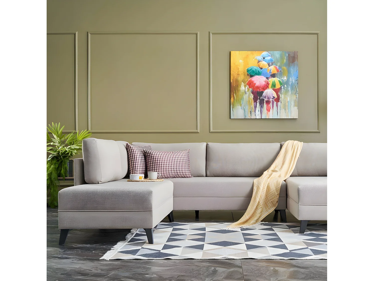 Canapé panoramique d'angle à gauche modulable Lalardie Tissu Blanc crème