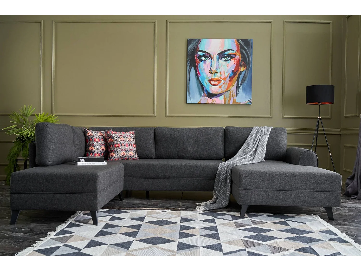 Canapé panoramique d'angle à gauche modulable Lalardie Tissu Anthracite