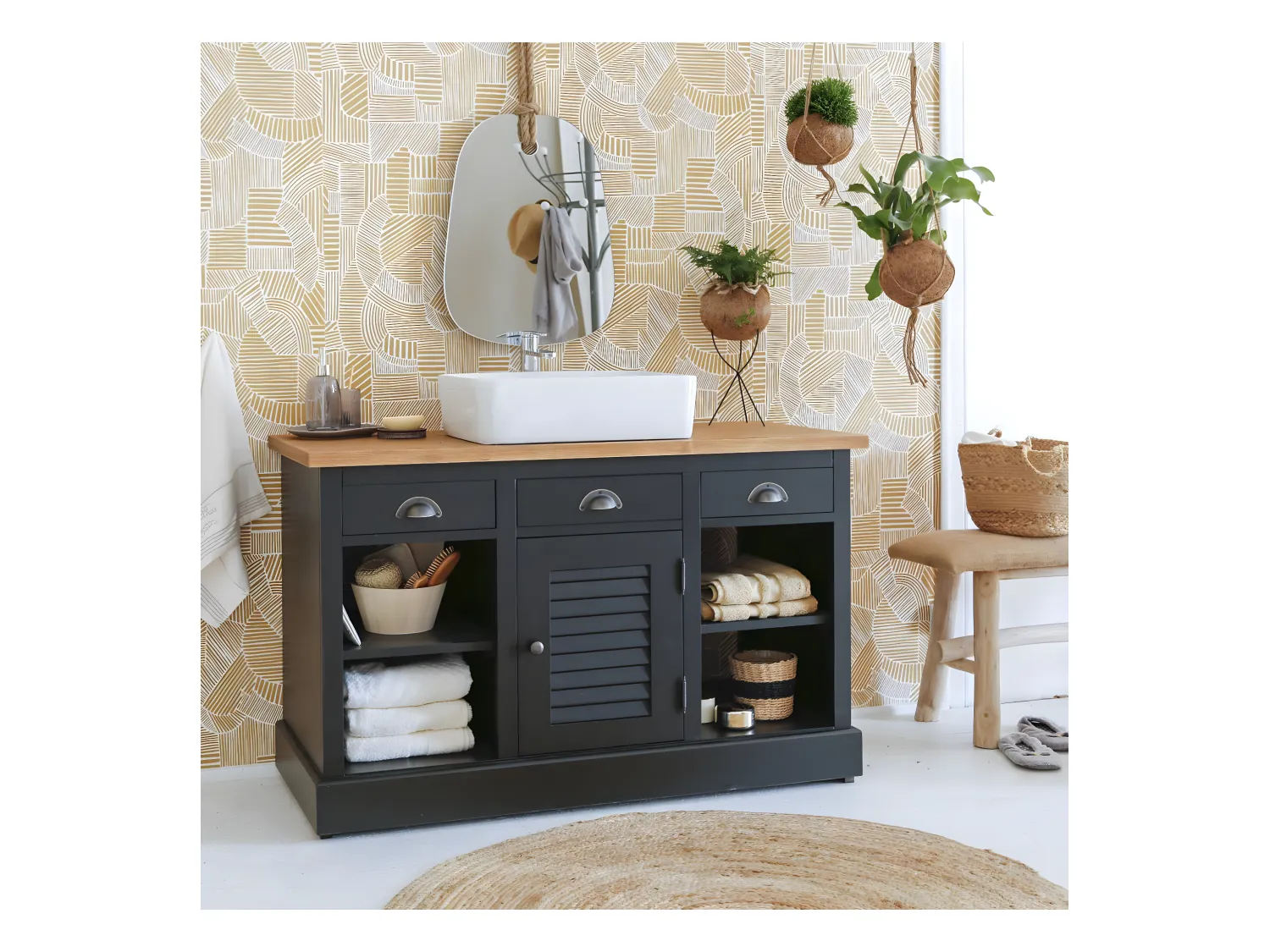 Meuble sous vasque en pin massif noir 120 cm Manel