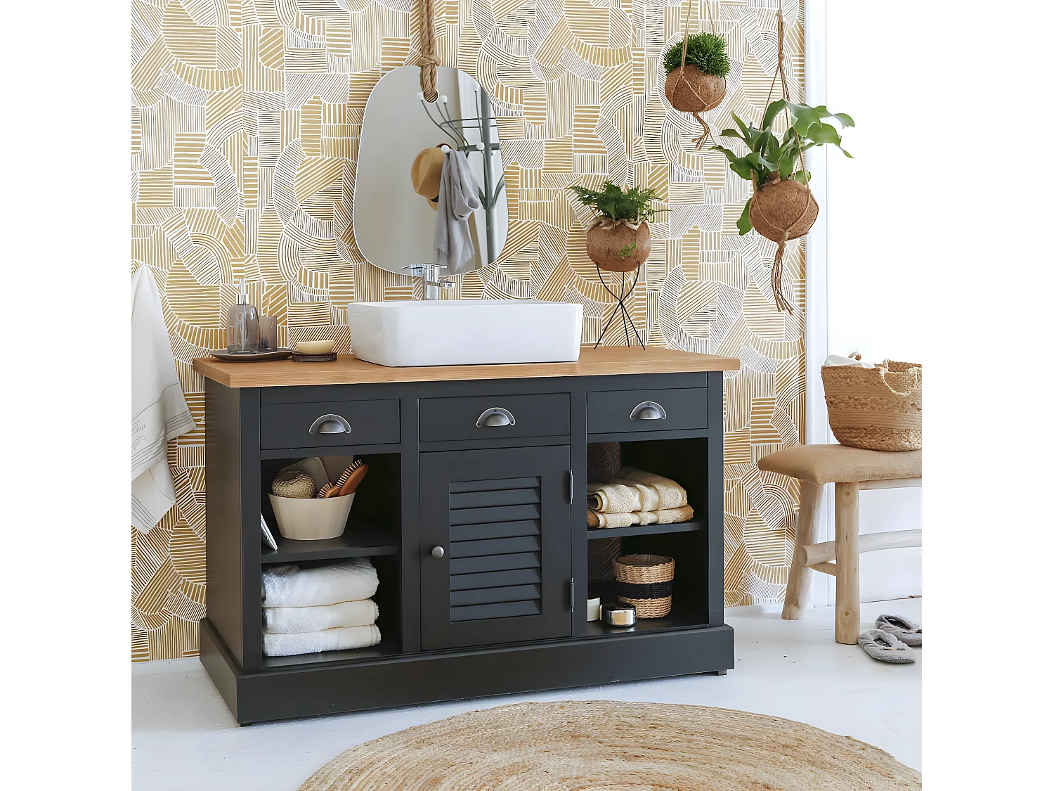 Meuble sous vasque en pin massif noir 120 cm Manel