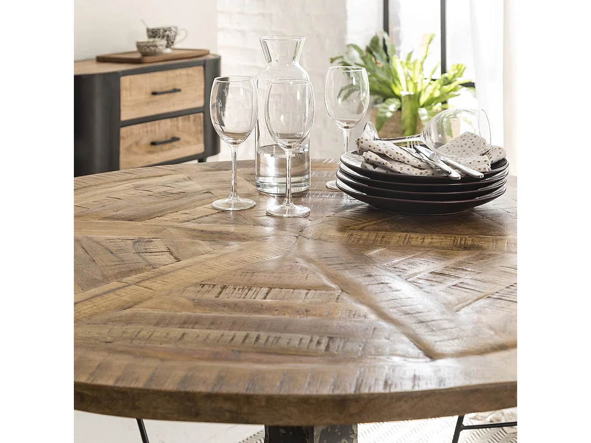 Mesa de comedor redonda de madera de mango Vitto estilo industrial - 4 plazas
