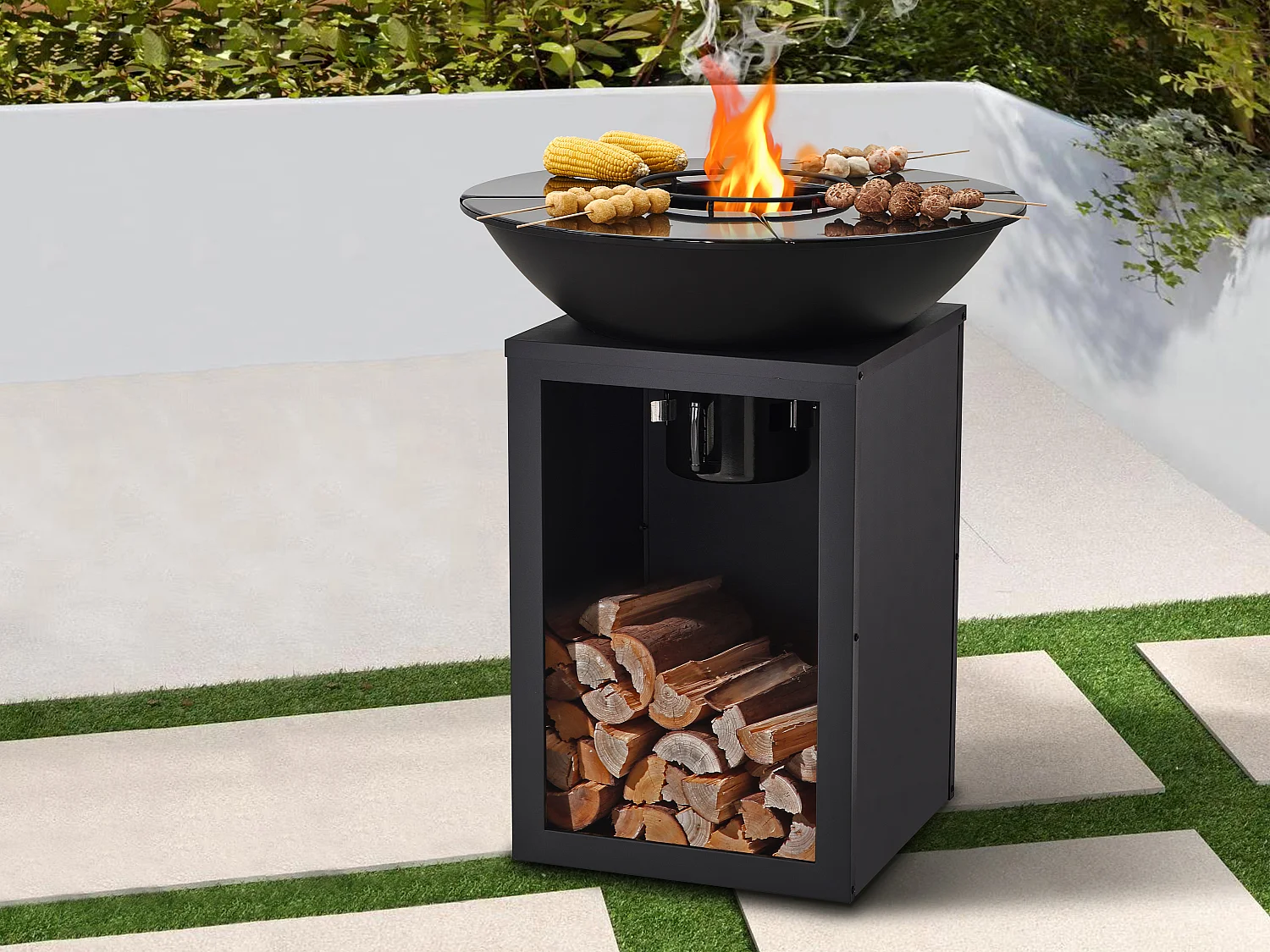 Barbecue plancha brasero à charbon et bois avec rangement L80 x l80 x H95 cm noir - IGNOS