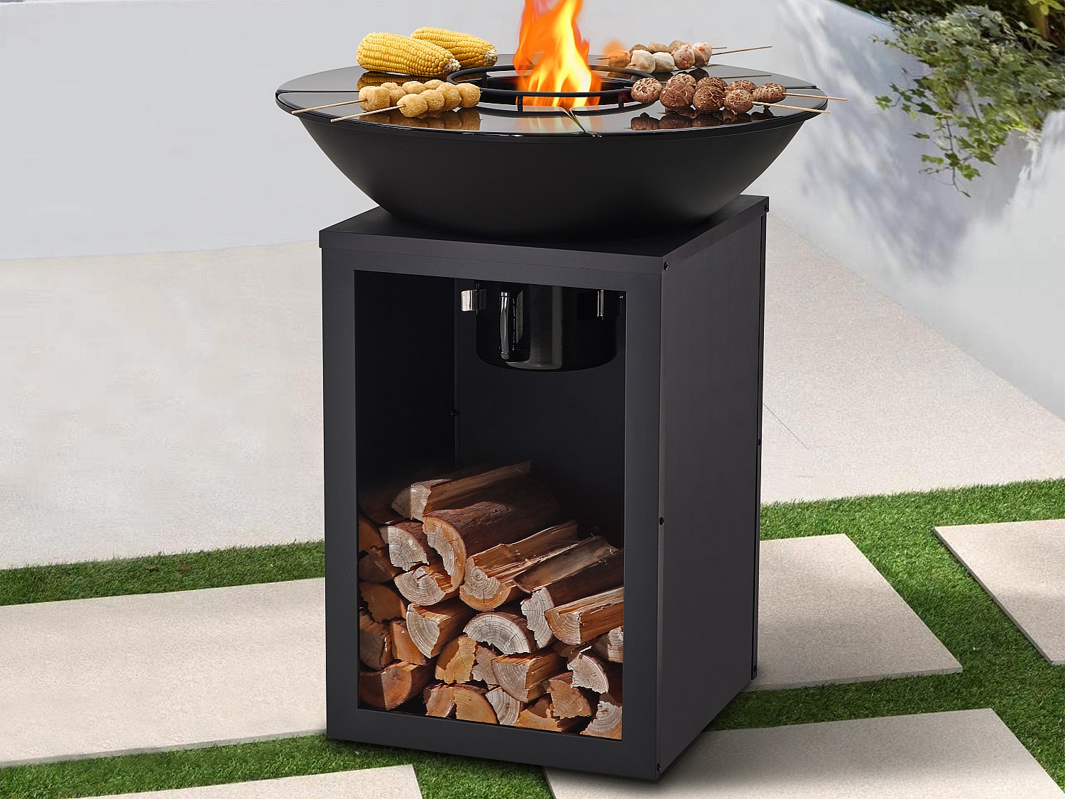 Kull- og vedfyrt grill med grillplate og oppbevaringsrom i stål 80 × 80 × 95 cm svart IGNOS