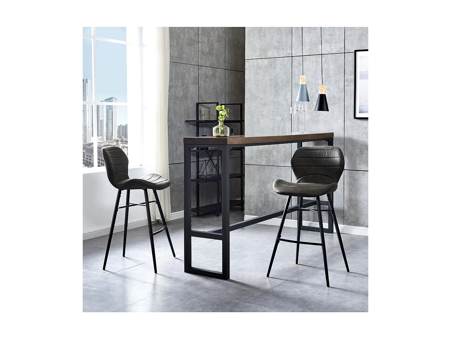 ARIZONA - Chaise de bar industrielle microfibre vintage marron foncé pieds métal noir (x2)