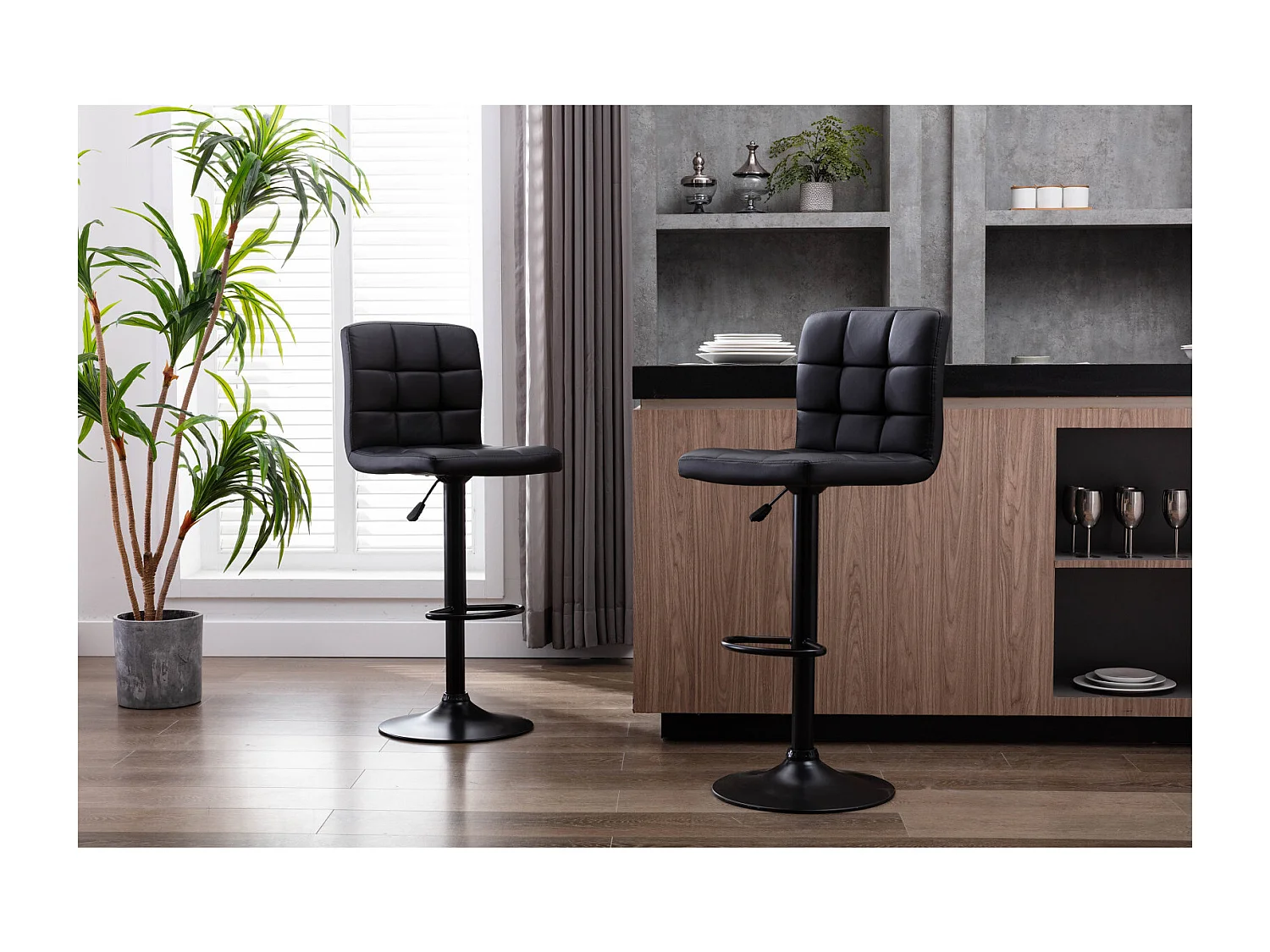 SQUARE - Tabourets de bar design réglable PU noir pieds noirs (x2)