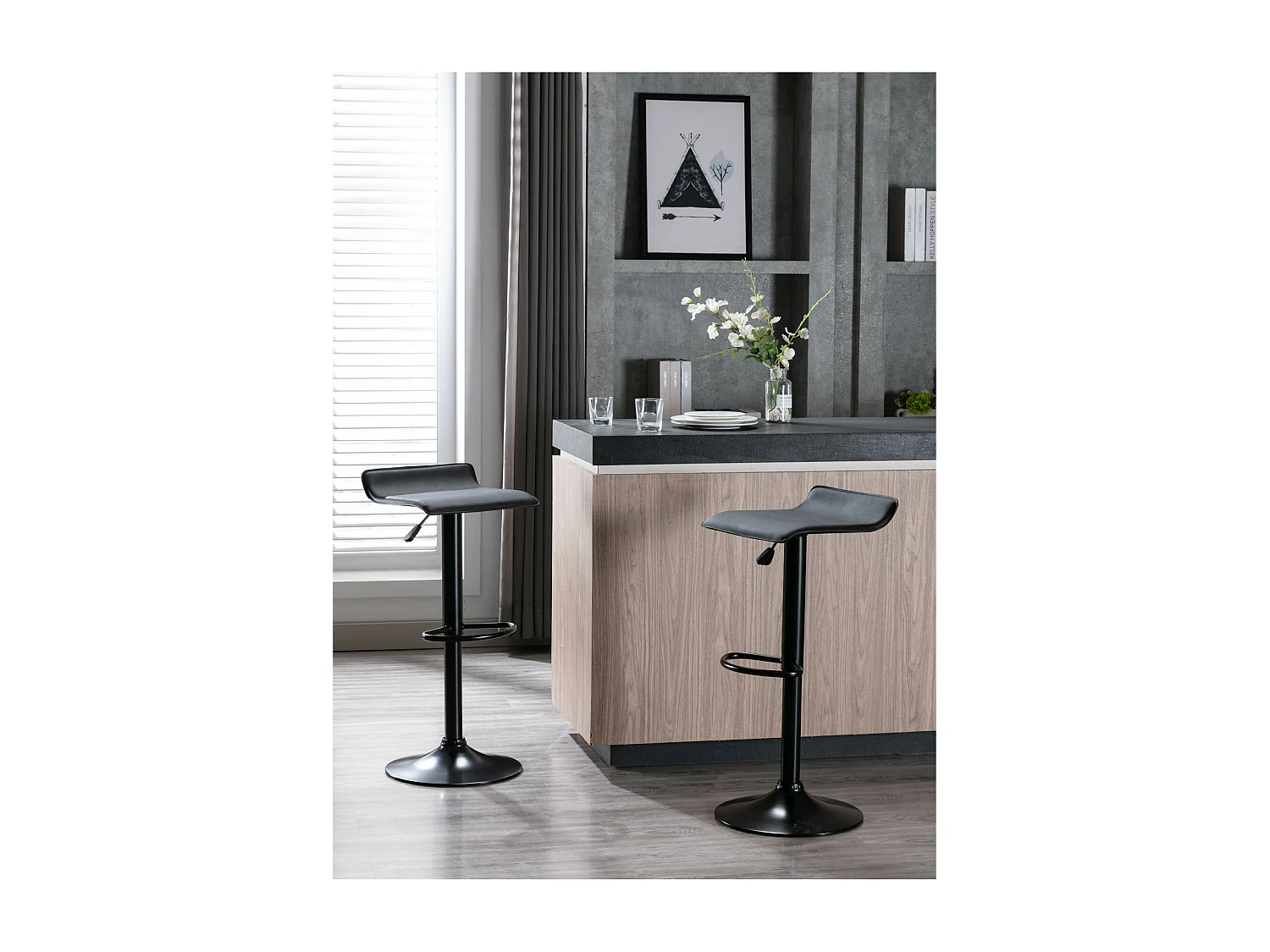 LEO - Tabourets de bar design réglable PU noir pieds noirs (x4)