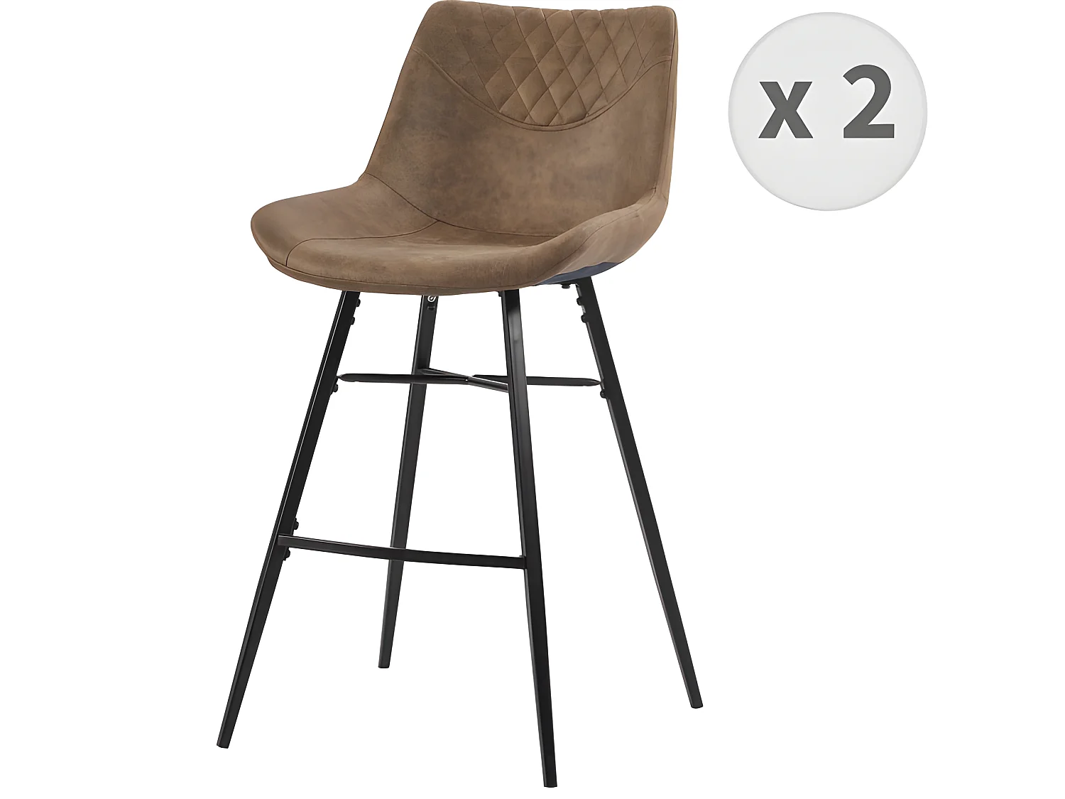 QUEENS - Chaises de bar industrielle microfibre vintage marron pieds métal noir (x2)