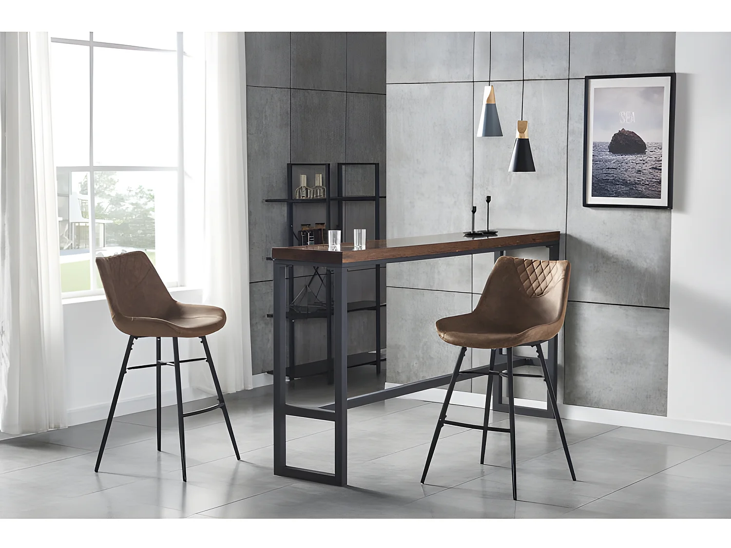 QUEENS - Chaises de bar industrielle microfibre vintage marron pieds métal noir (x2)