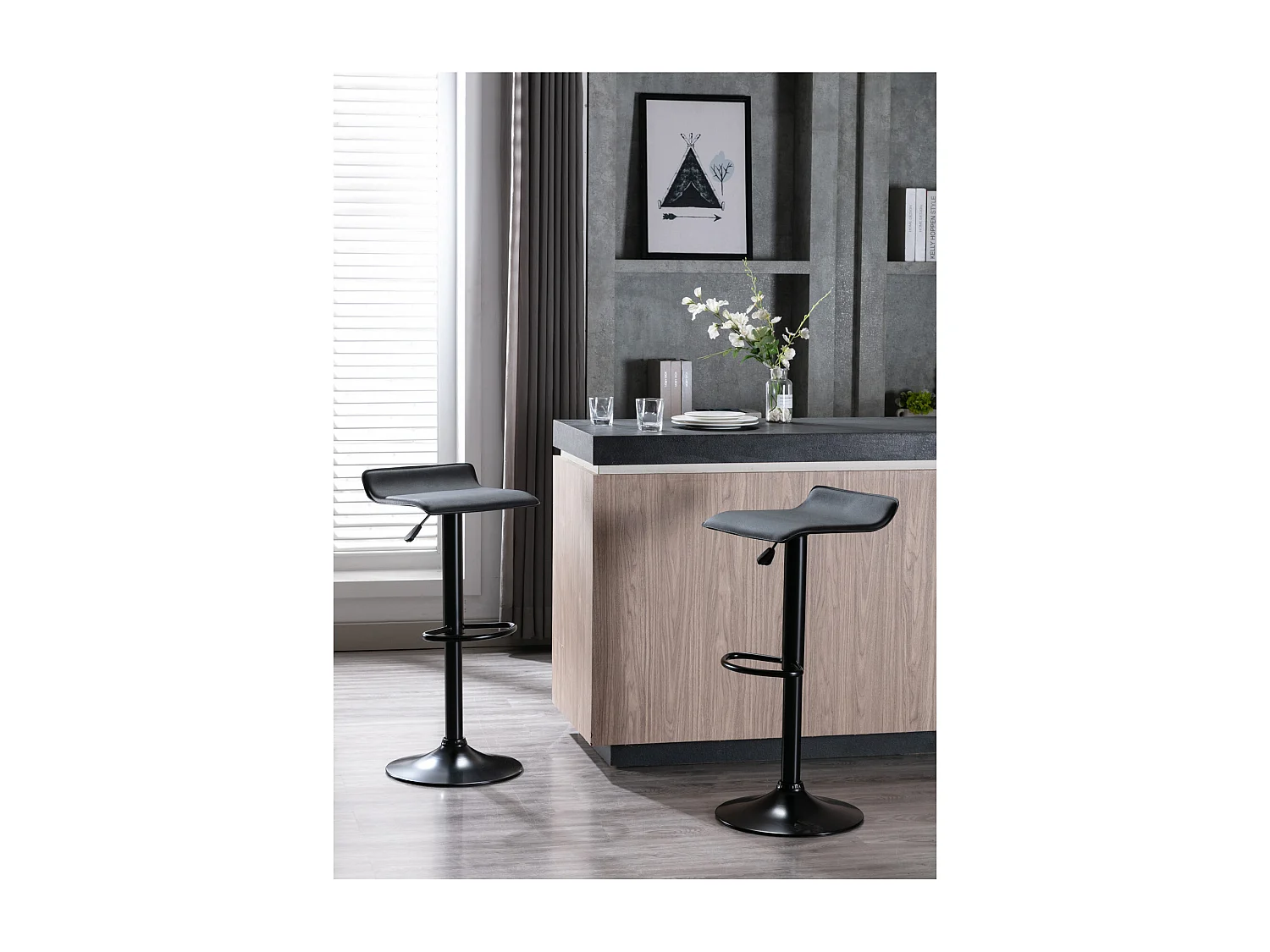 LEO - Tabourets de bar design réglable PU noir pieds noirs (x2)