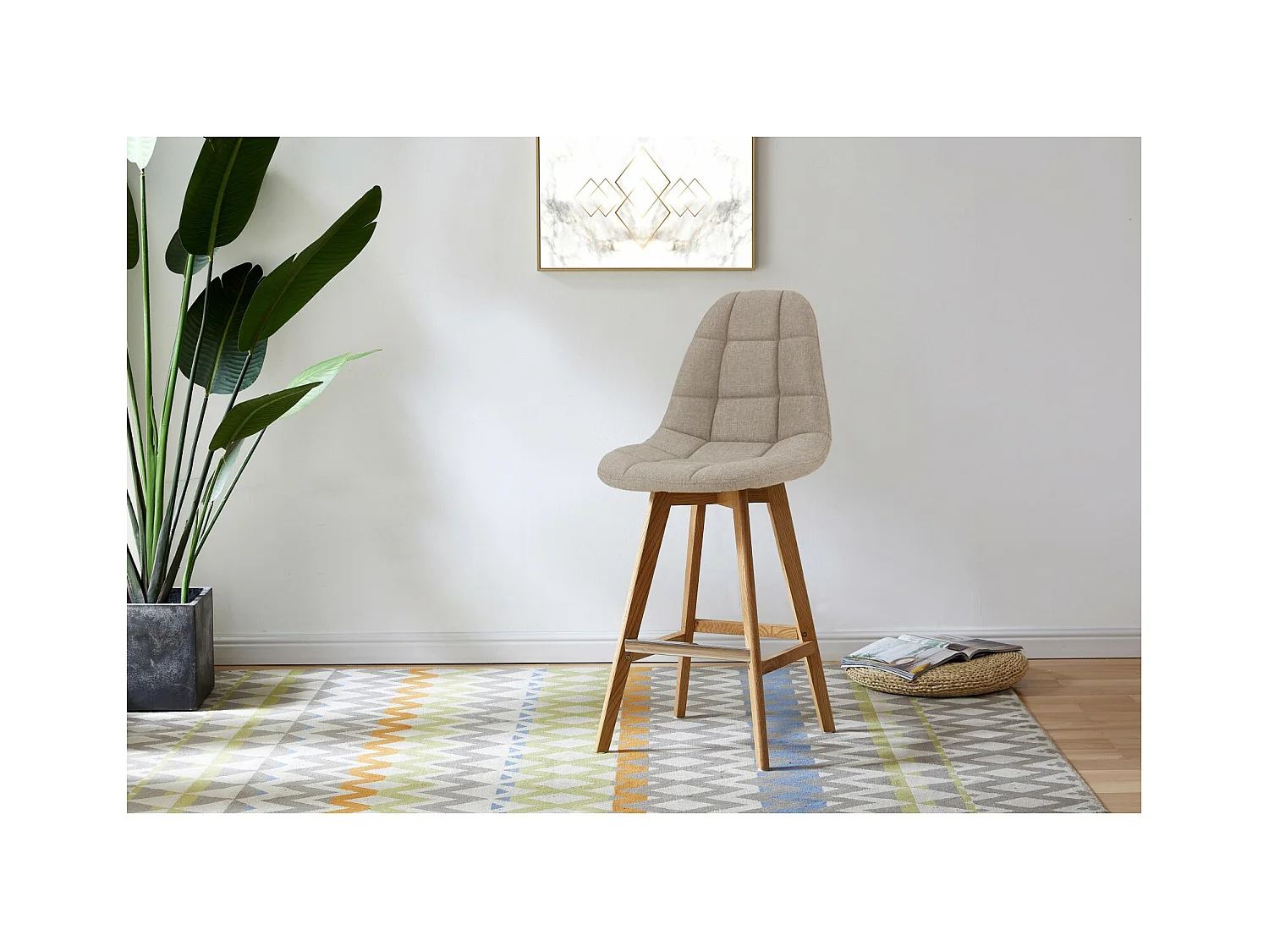 OWEN - Chaise de bar scandinave tissu Lin pied hêtre (x2)