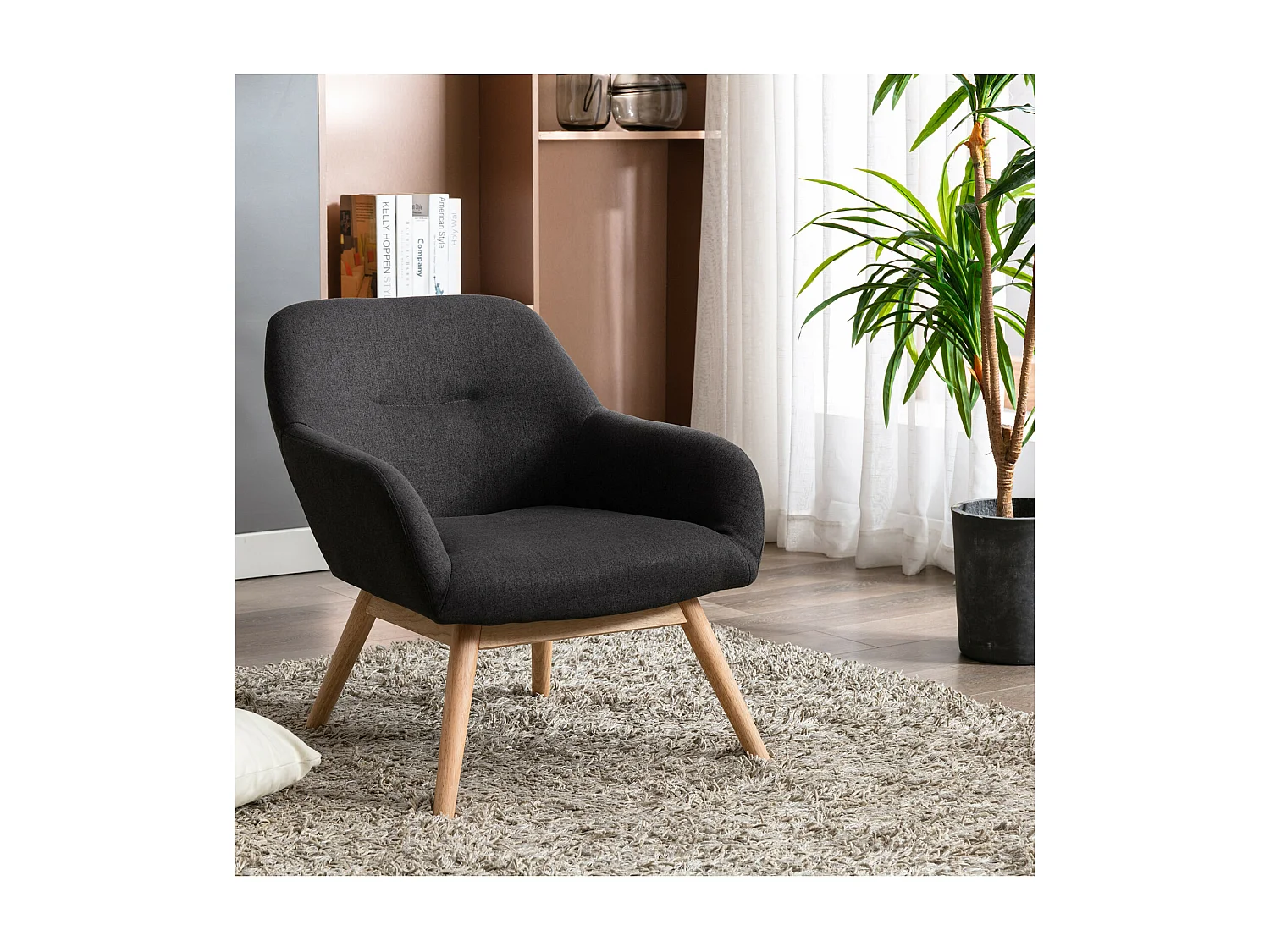 MALMO - Sillón de tela gris oscuro patas de madera natural
