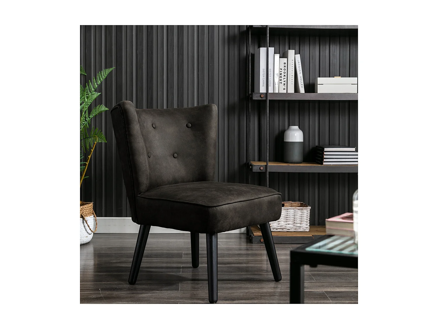 MALCOLM - Fauteuil vintage marron foncé pieds bois noir(x2)