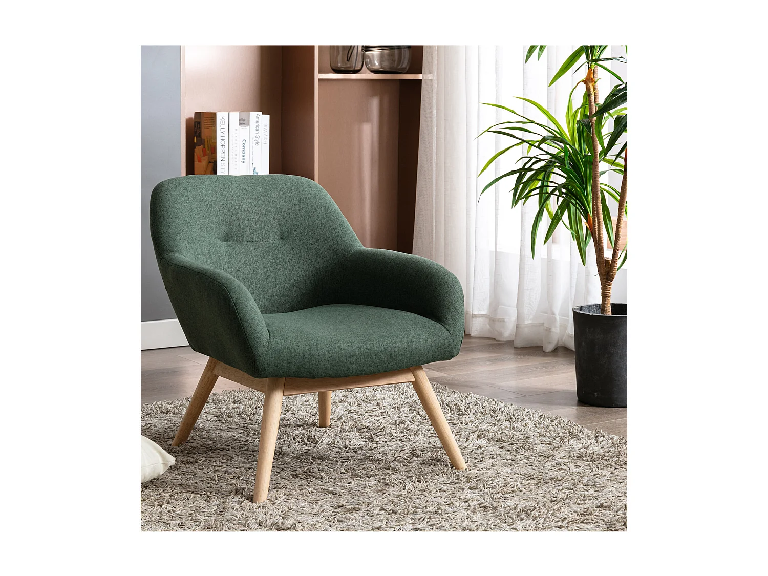 MALMO - Fauteuil scandinave tissu vert forêt pieds bois