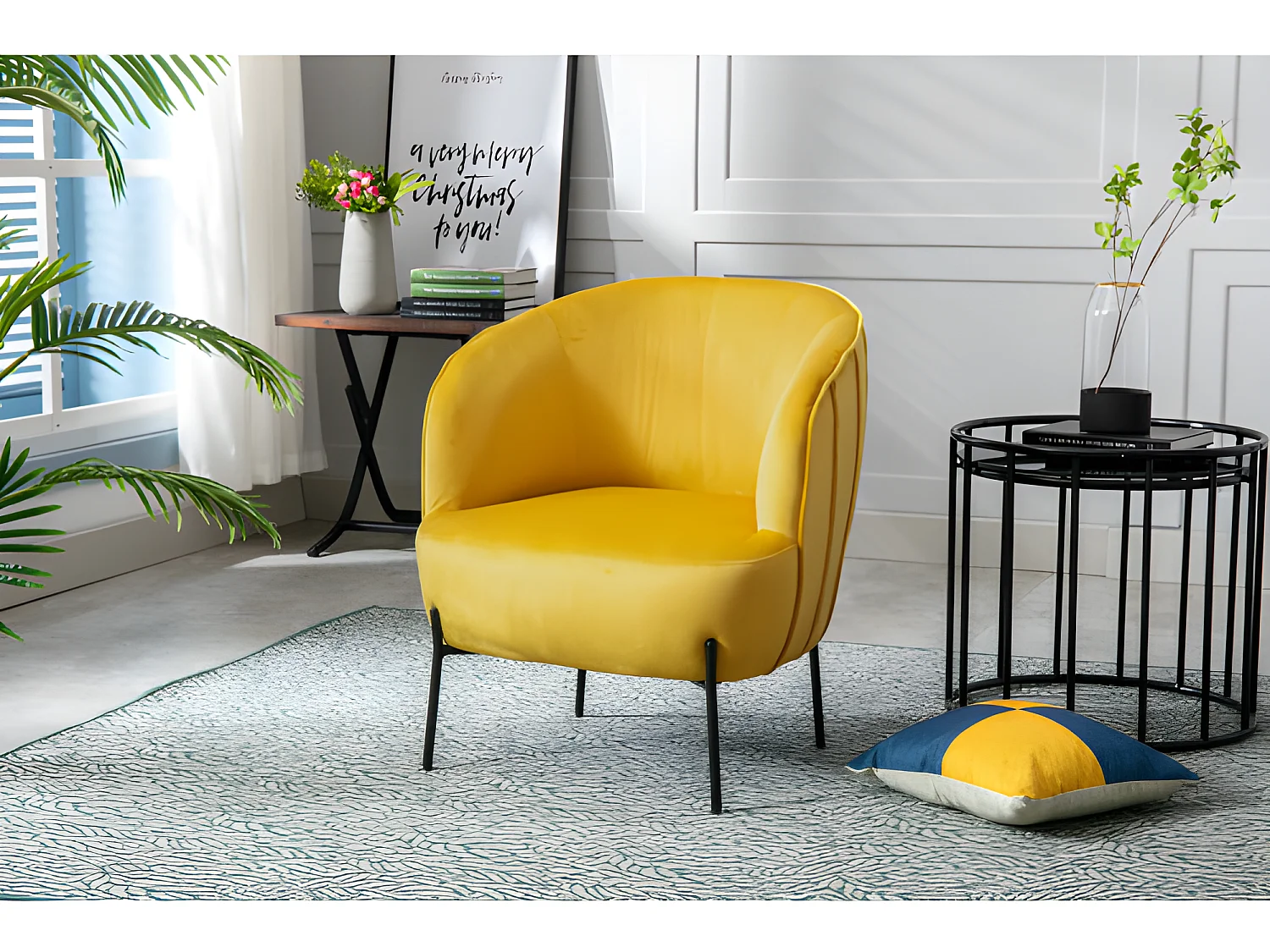 CUT -  Fauteuil Design velours curry pieds métal noir