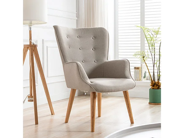 SCAND - Fauteuil Scandinave tissu lin pieds bois