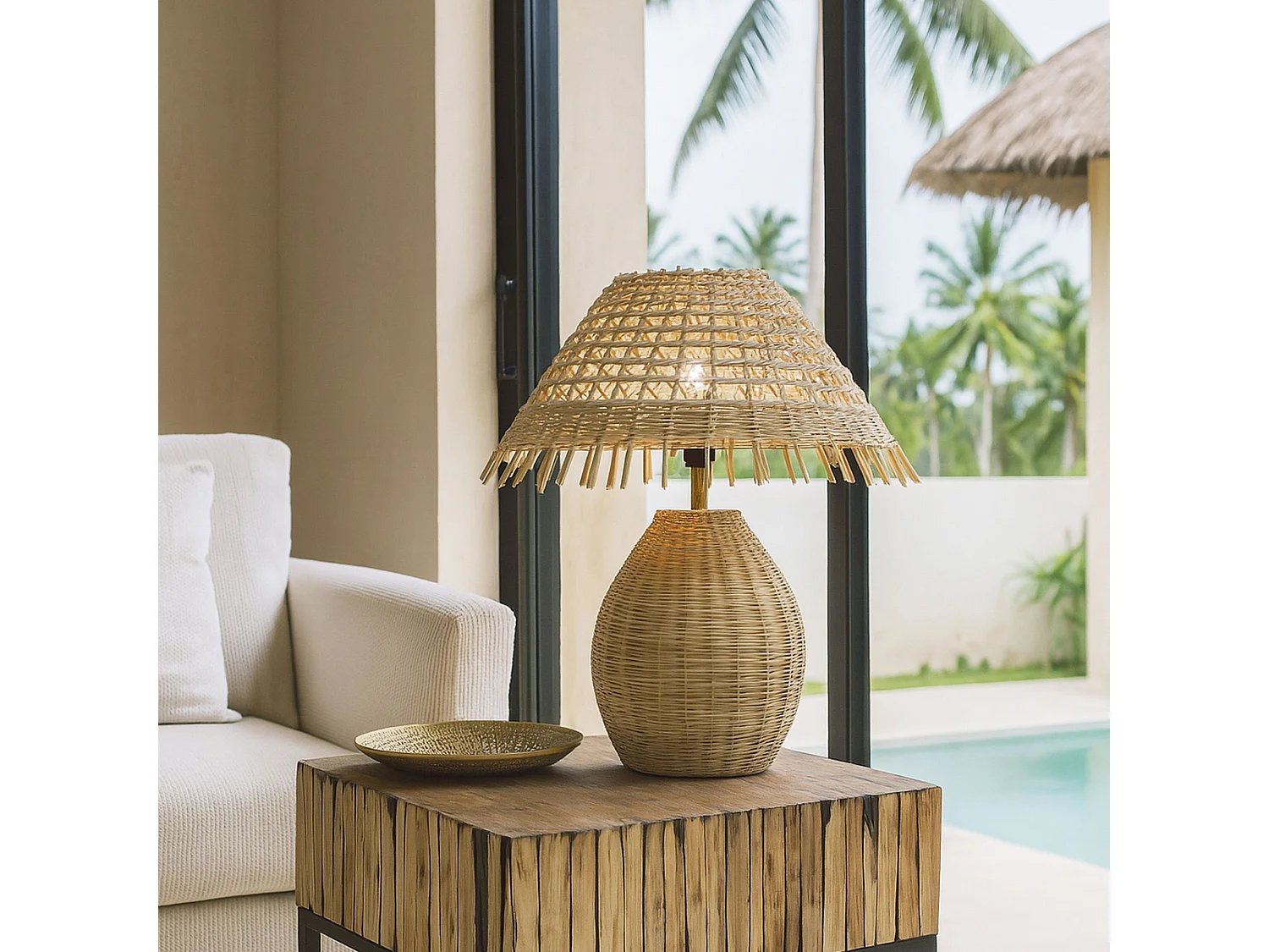 Now's Home - Lampe à Poser En Rotin Naturel  Tréssé Main Diam 40xht44cm Joyce