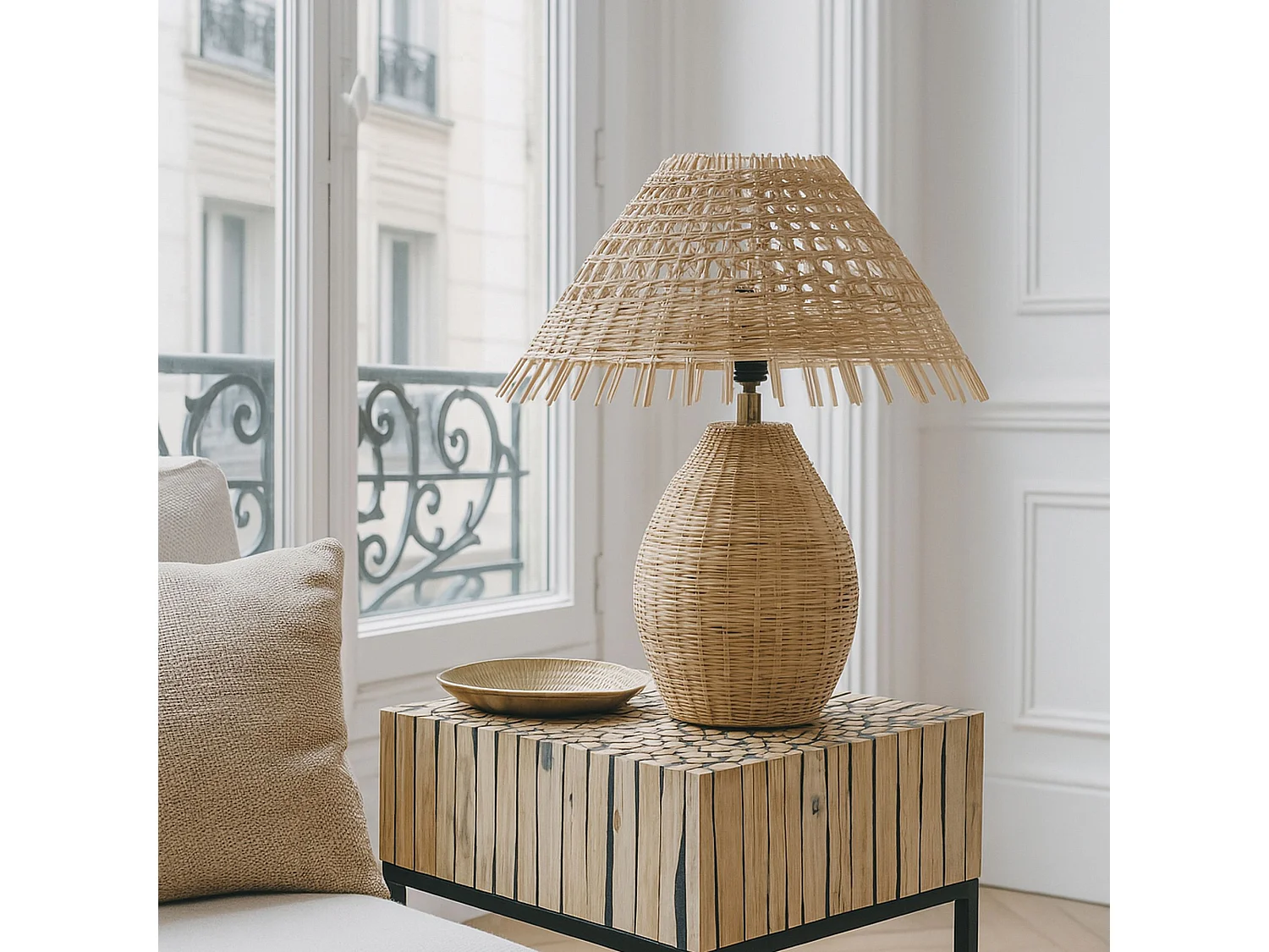 Now's Home - Lampe à Poser En Rotin Naturel  Tréssé Main Diam 40xht44cm Joyce