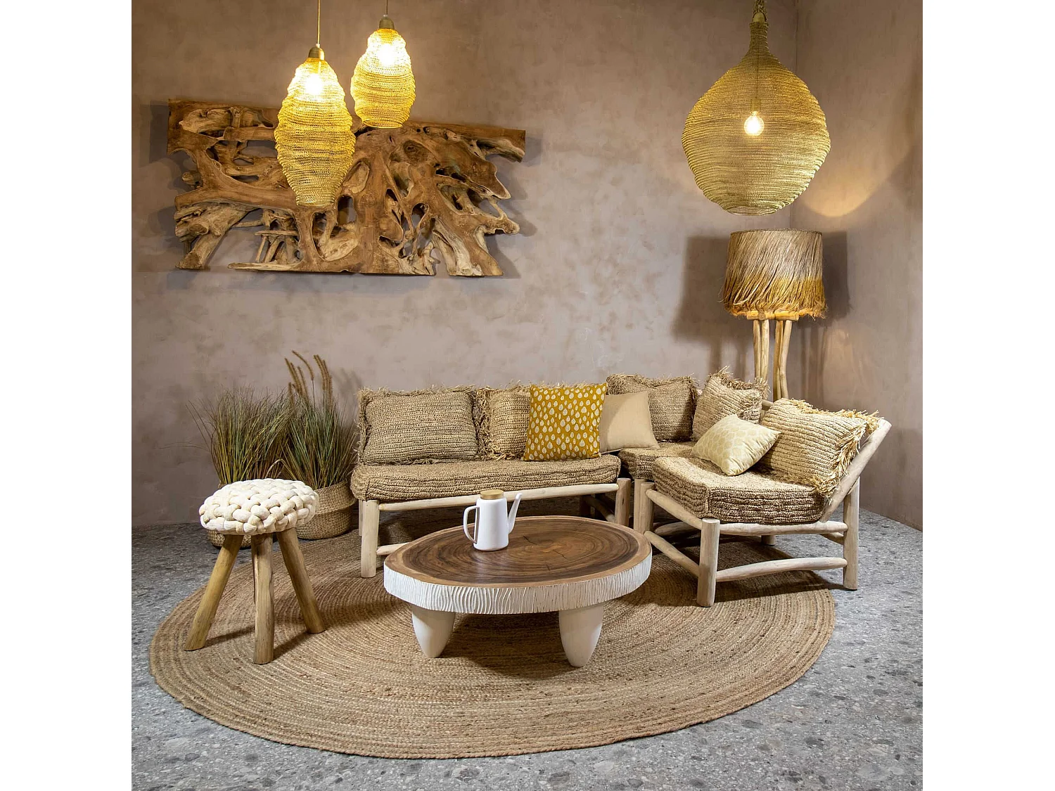 Now's Home - Canape D'angle En Teck Et Revetement Sisal Et Raphia 3 Places