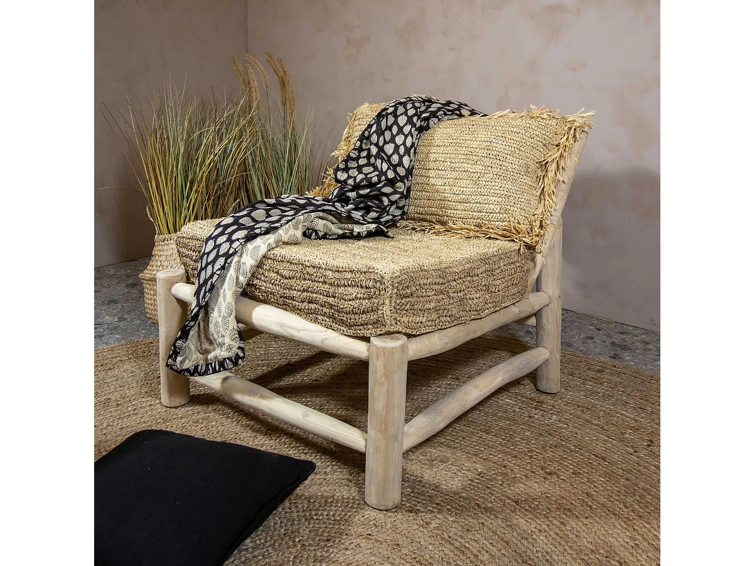 Now's Home - Canape D'angle En Teck Et Revetement Sisal Et Raphia 3 Places