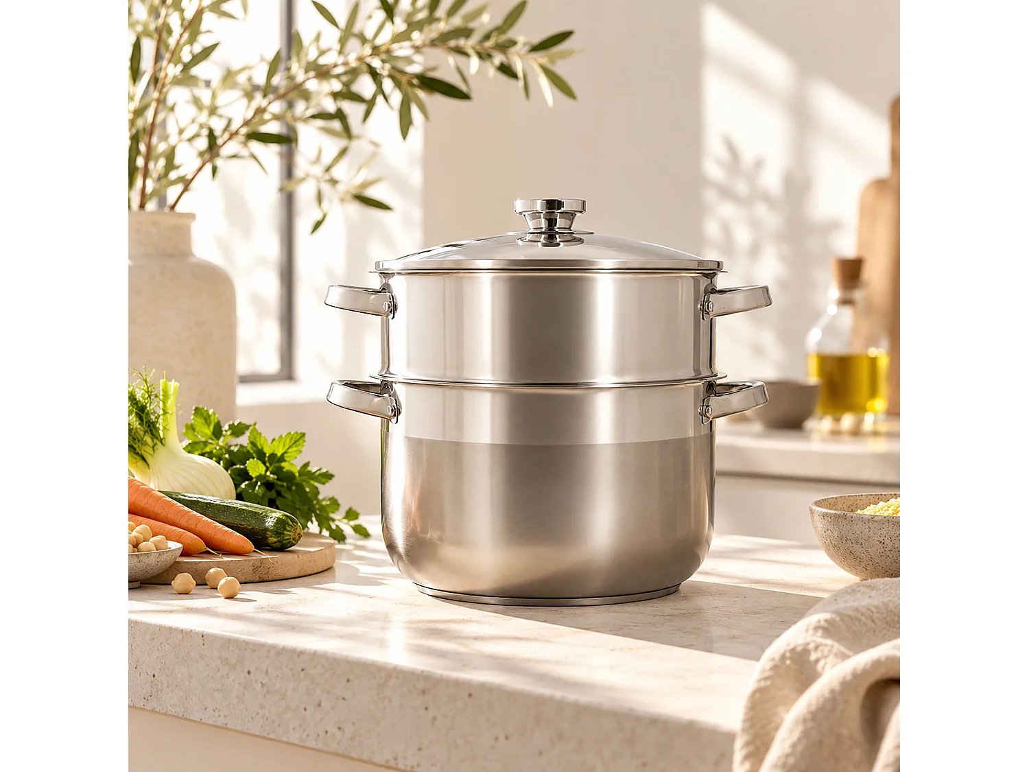 Menastyl - Couscoussier 10l En Acier Inoxydable Avec Couvercle En Verre