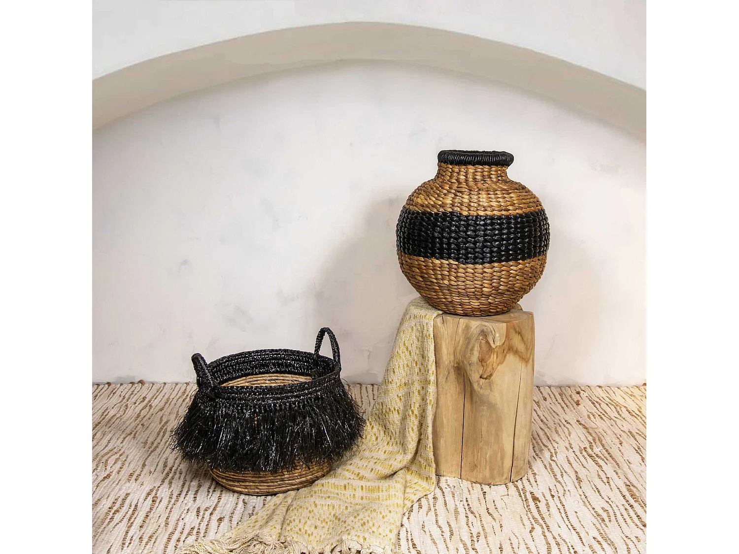 Now's Home - Panier Naturel A Franges Noires Grand Modele O36 X Ht39 Cm Tym