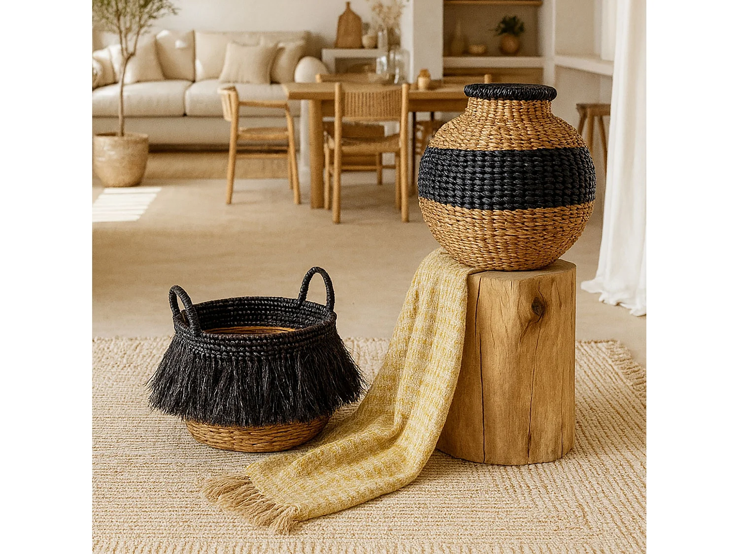 Now's Home - Panier Naturel A Franges Noires Grand Modele O36 X Ht39 Cm Tym