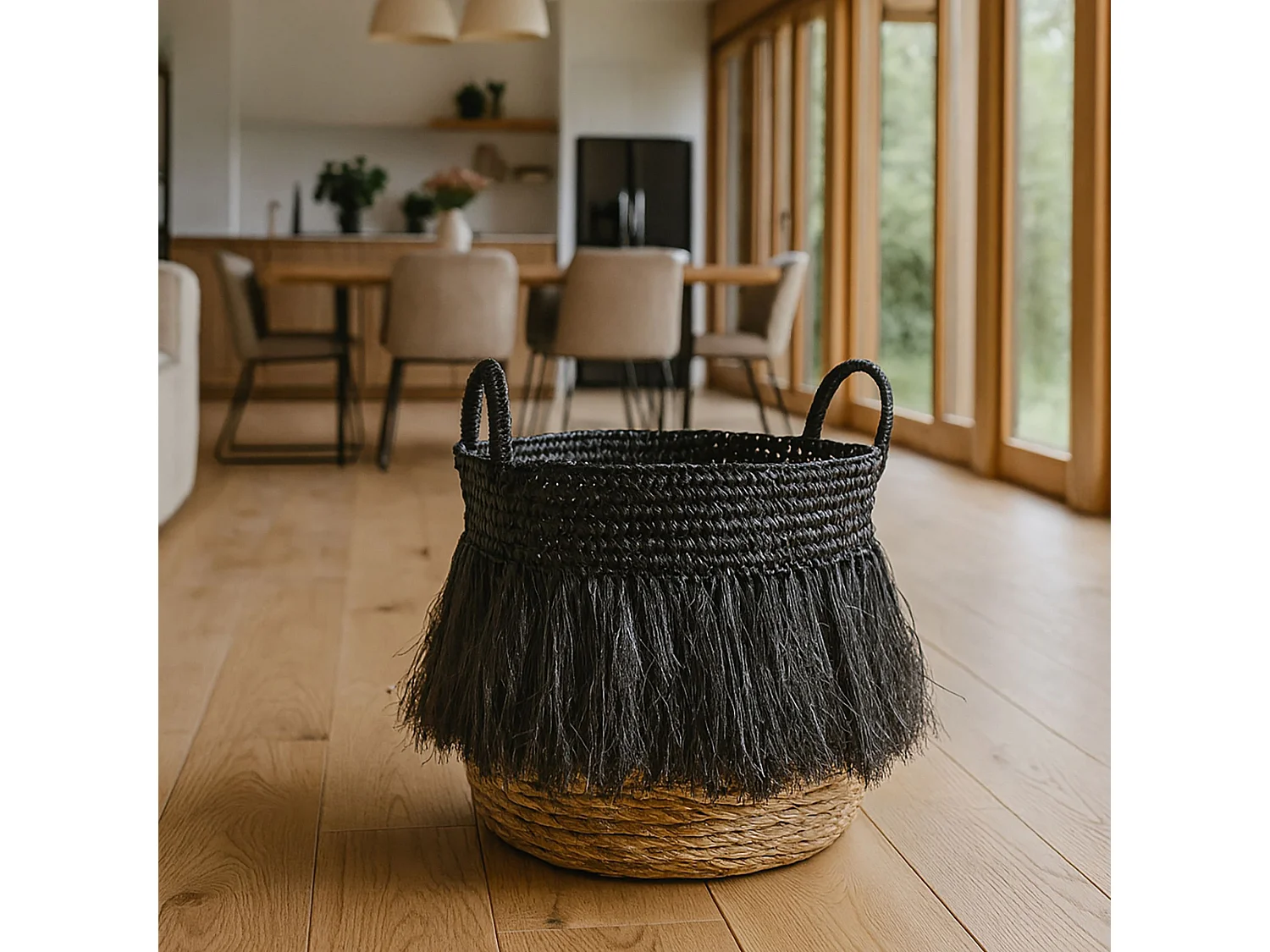 Now's Home - Panier Naturel A Franges Noires Grand Modele ø36 X Ht39 Cm Tym