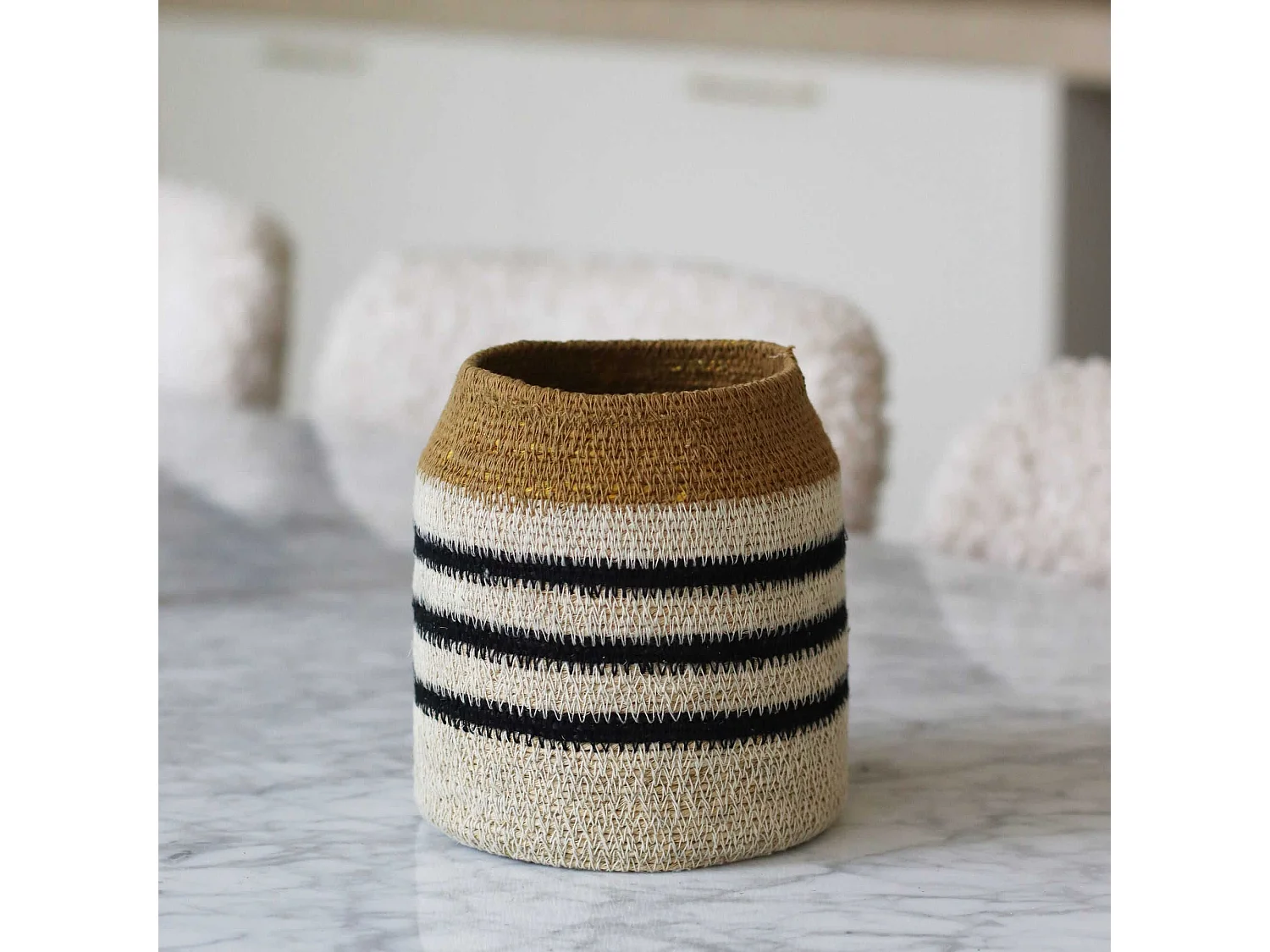 Now's Home - Pot En Jonc De Mer Naturel Safran  Et Noir  15xh18cm Kasba