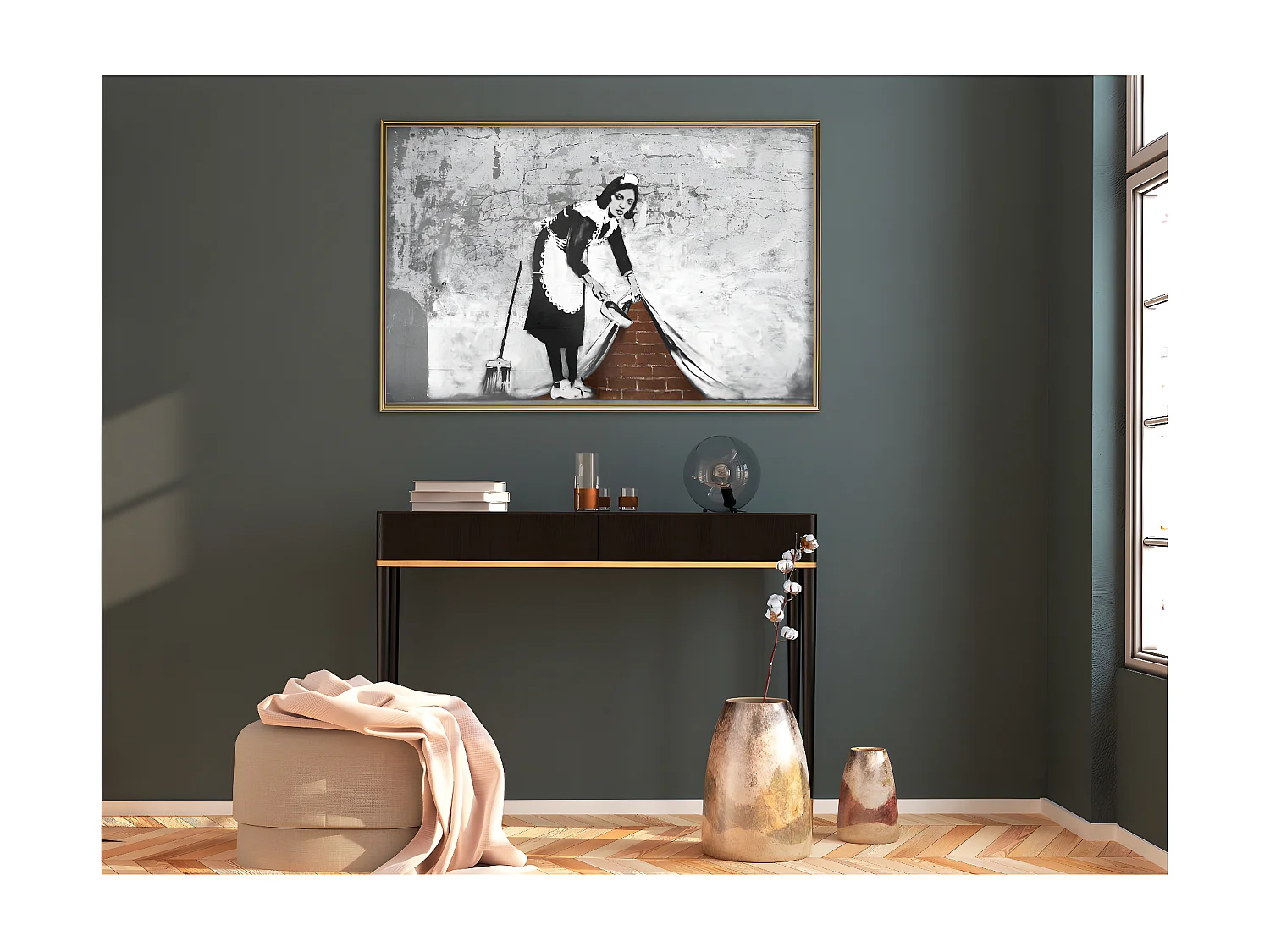 Affiche Murale Encadrée "Banksy Sweep it Under the Carpet" 90 x 60 cm Or