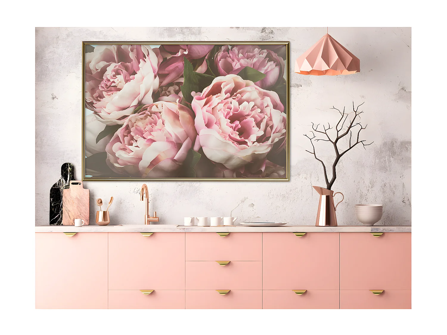 Affiche Murale Encadrée "Pastel Peonies" 90 x 60 cm Or