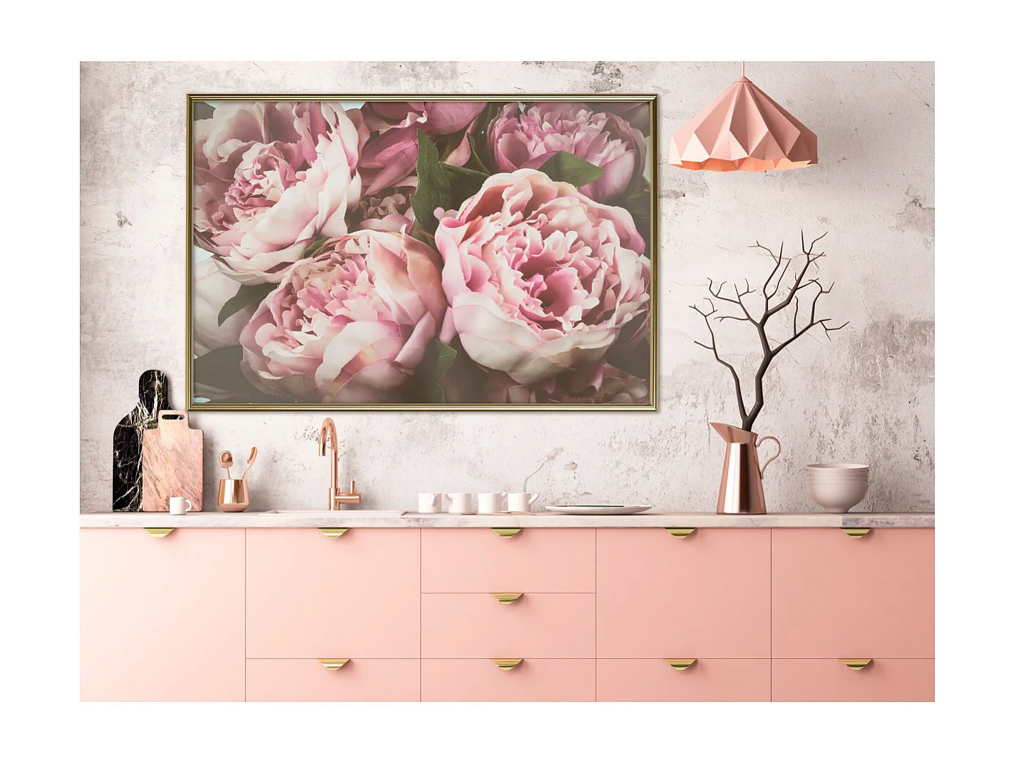 Affiche Murale Encadrée "Pastel Peonies" 90 x 60 cm Or