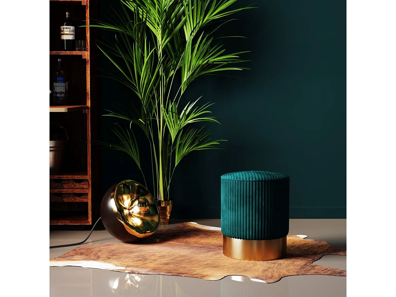 Tabouret Cherry Dark vert velours cotelé laiton