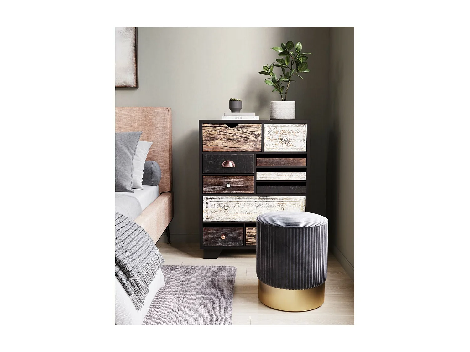 Sgabello Cherry grigio Cord ottone Ø35cm