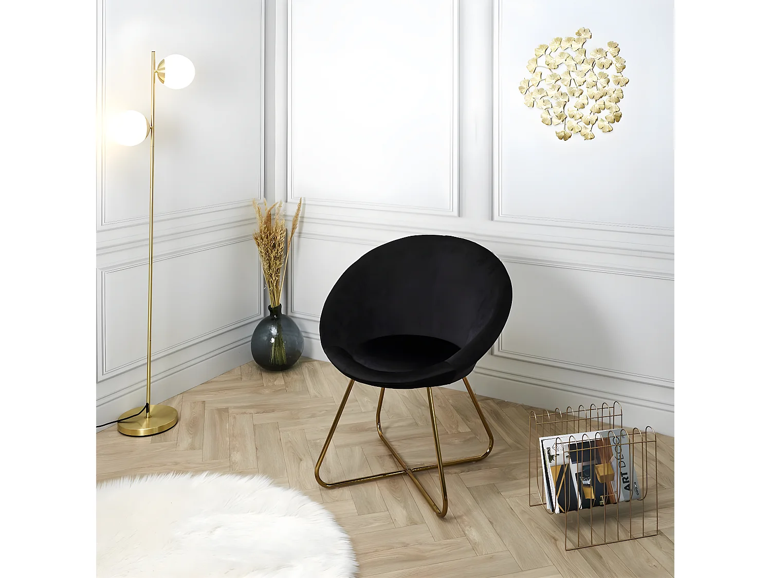 KAENA - Fauteuil Velours Noir et Piétement Doré