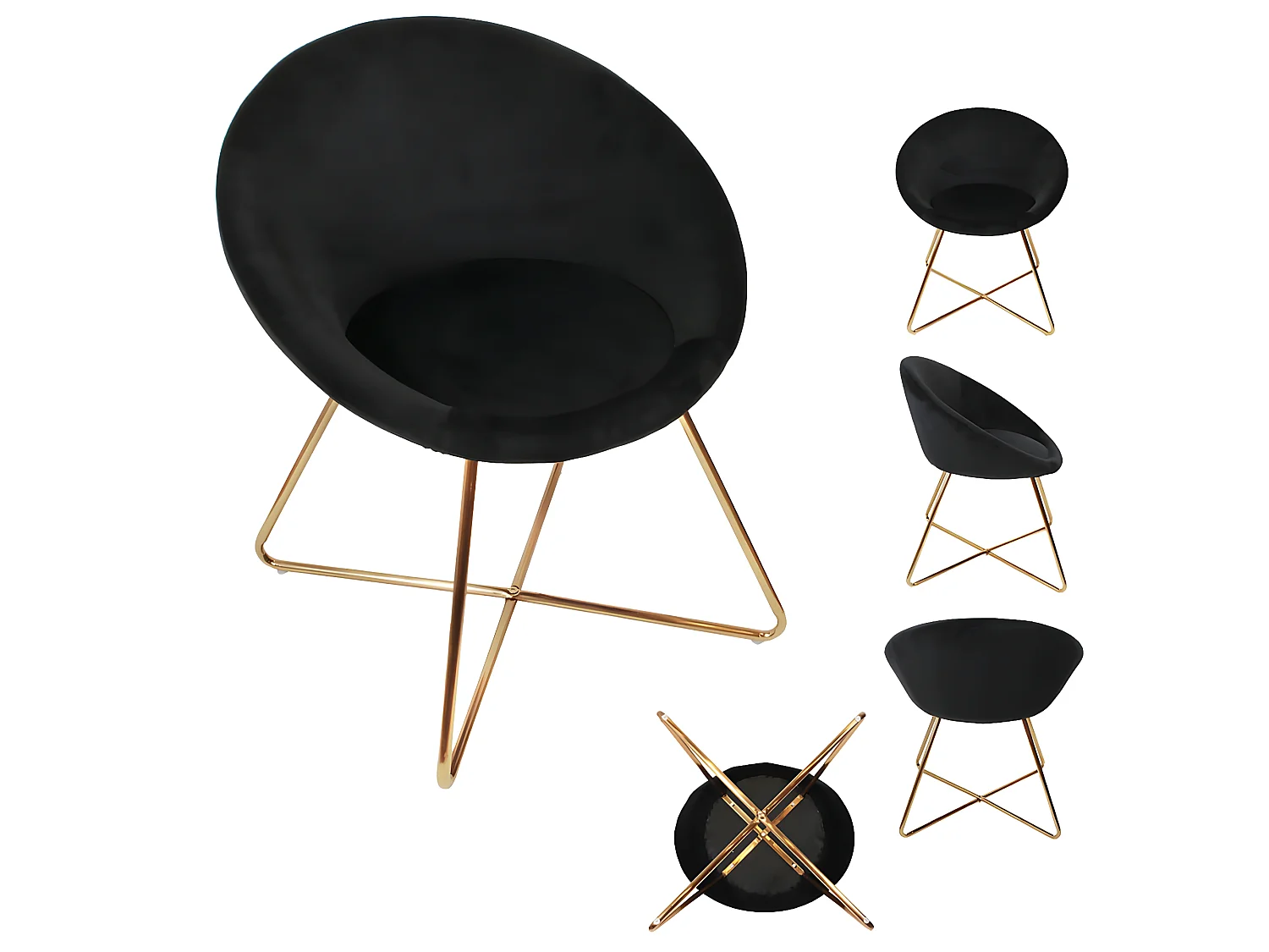 KAENA - Fauteuil Velours Noir et Piétement Doré