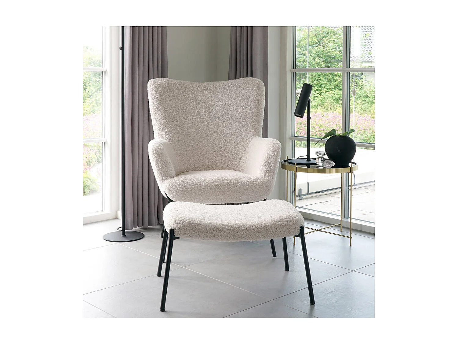 FINTRY - Repose-Pieds Imitation Laine et Piétement Acier Noir