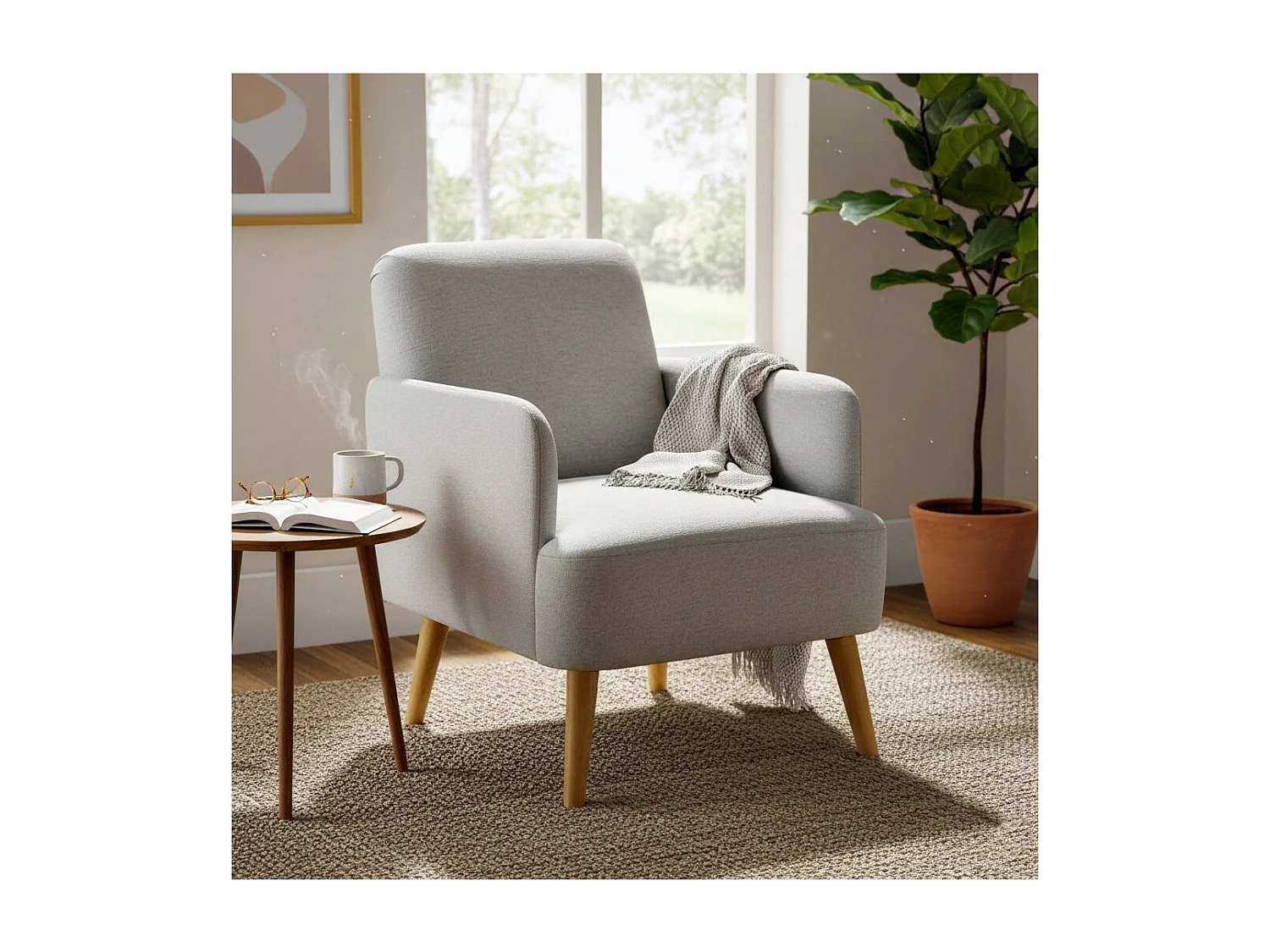 TEODORE - Fauteuil Rembourré Tissu Gris Clair