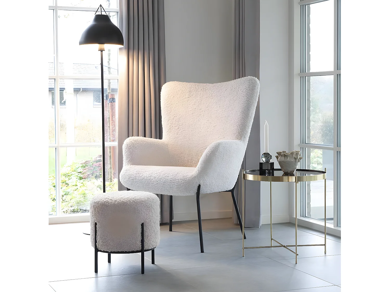 FINTRY - Repose-Pieds Rond Imitation Laine et Piétement Acier Noir