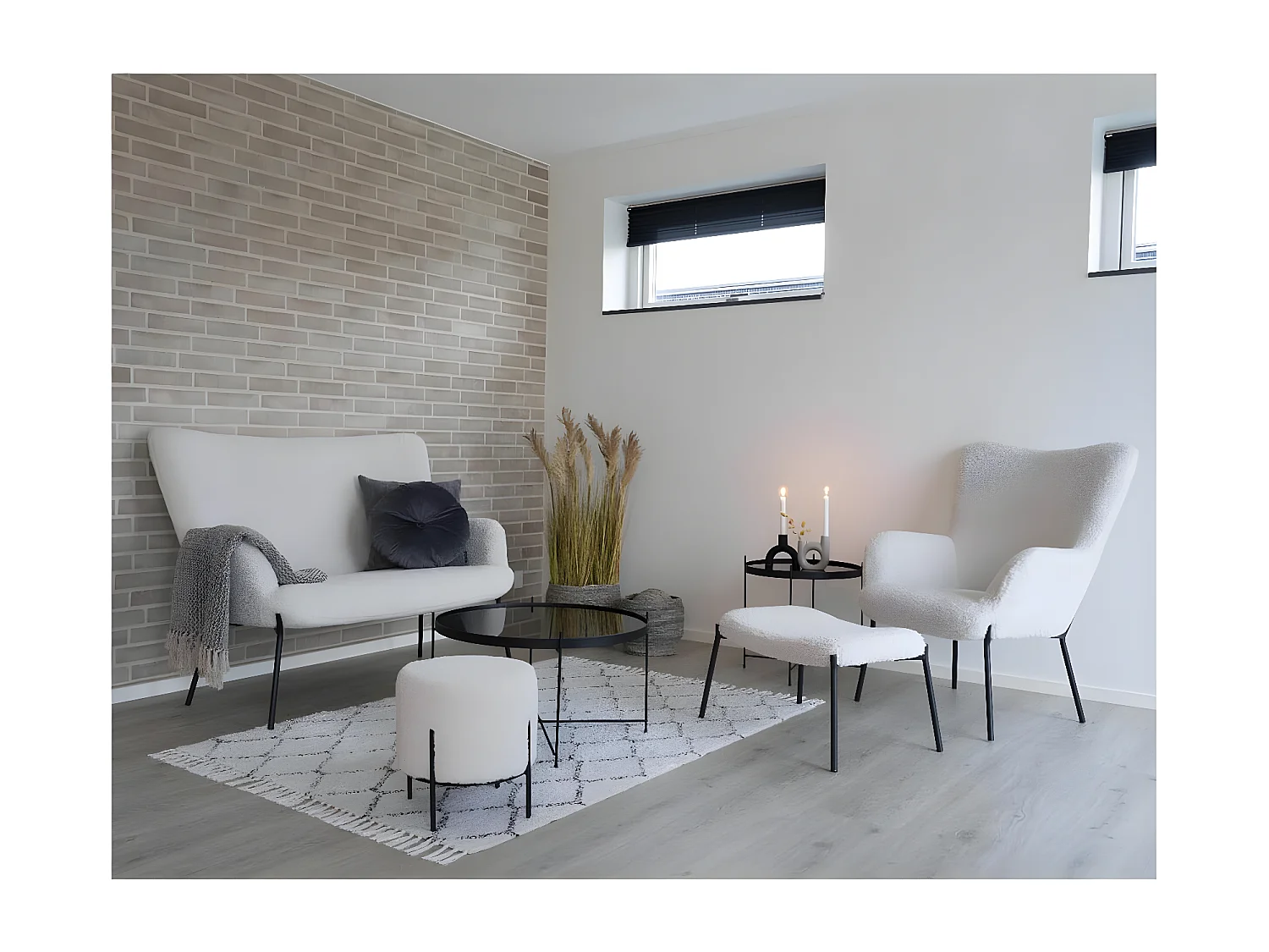 FINTRY - Repose-Pieds Rond Imitation Laine et Piétement Acier Noir