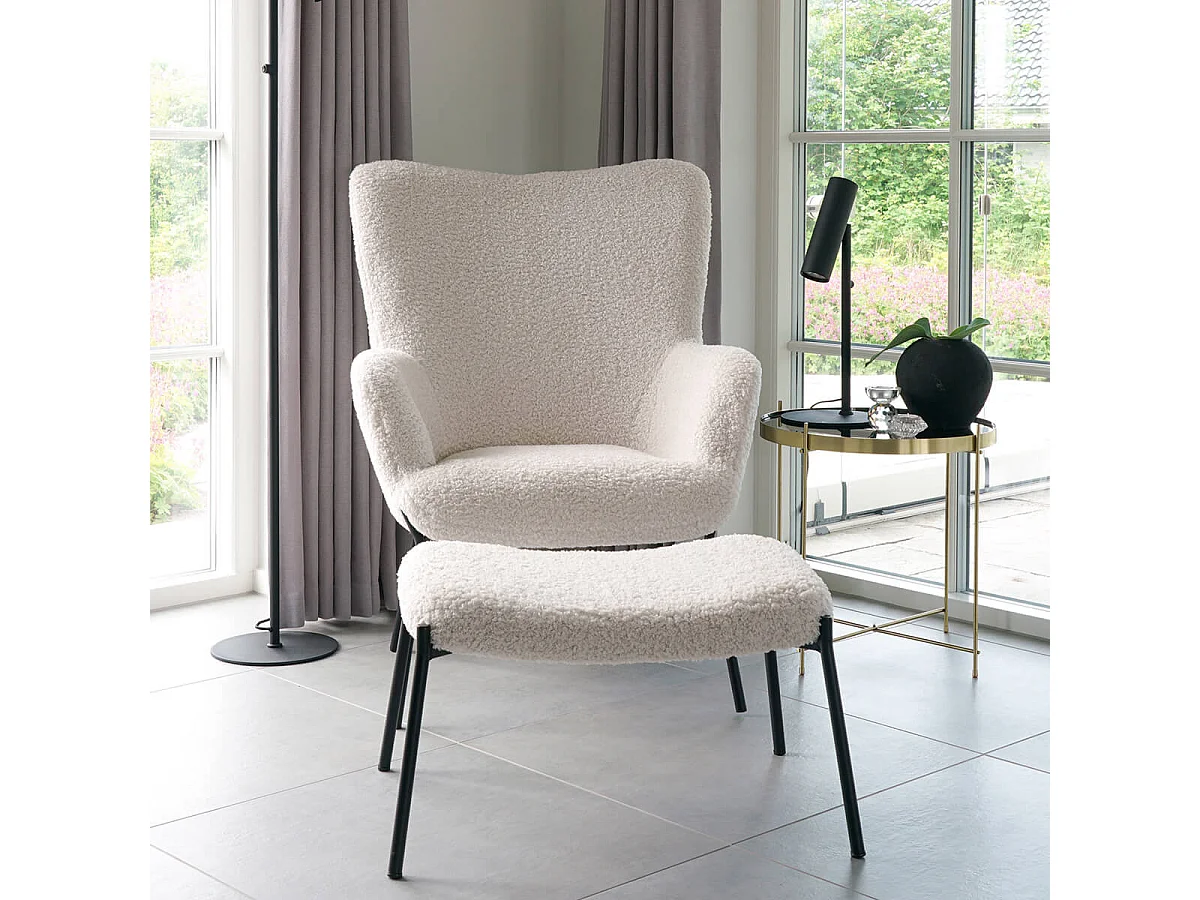 FINTRY - Fauteuil Imitation Laine Blanche et Piétement Acier Noir