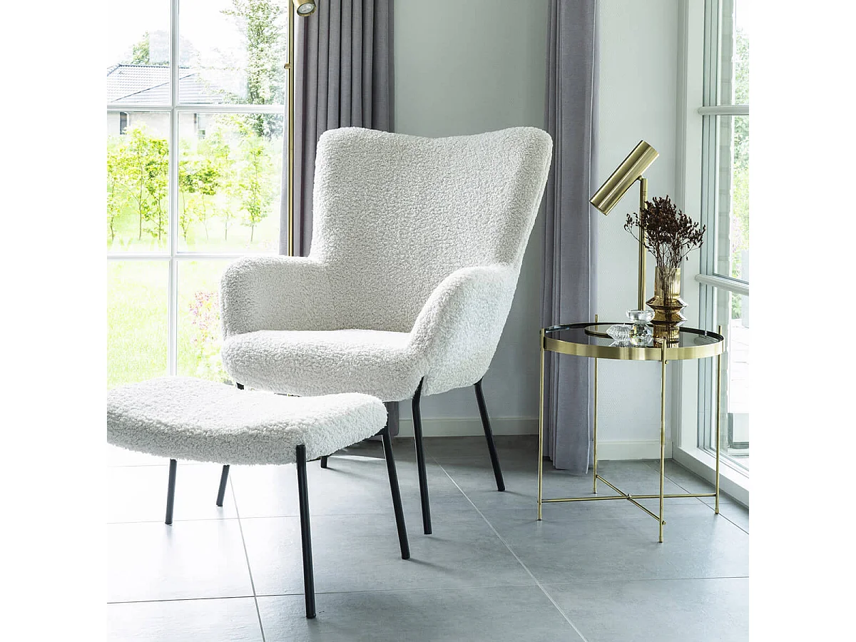 FINTRY - Fauteuil Imitation Laine Blanche et Piétement Acier Noir