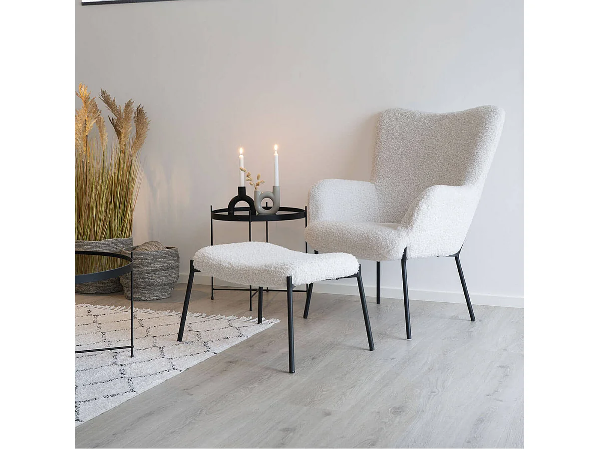 FINTRY - Fauteuil Imitation Laine Blanche et Piétement Acier Noir