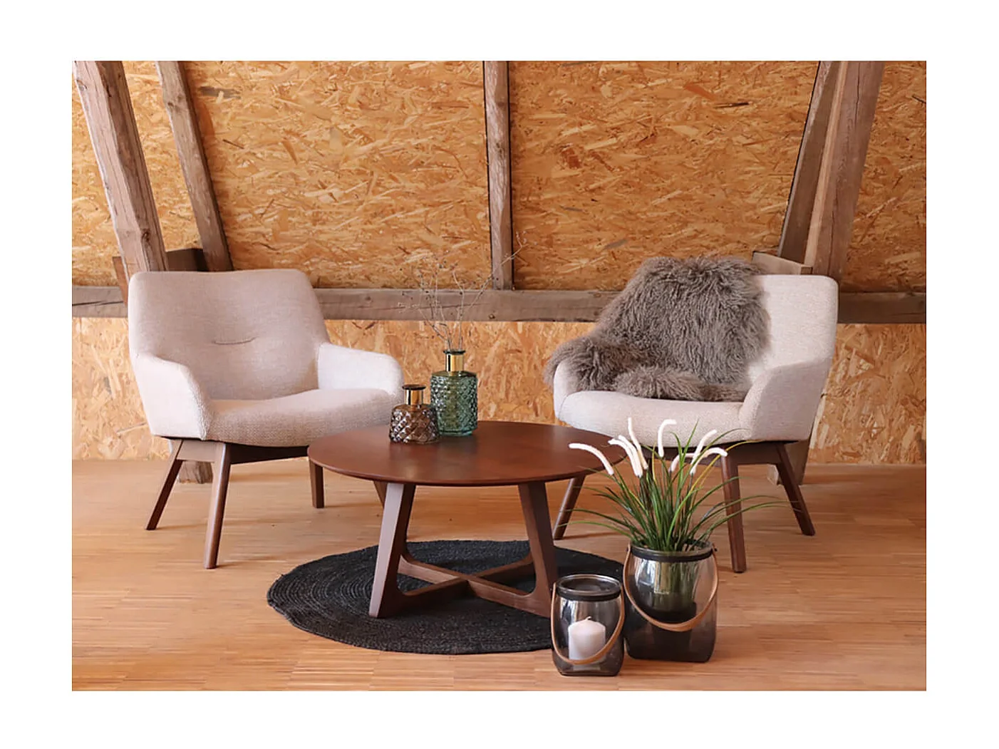 HARROW - Fauteuil Noyer Massif Naturel et Tissu Sable