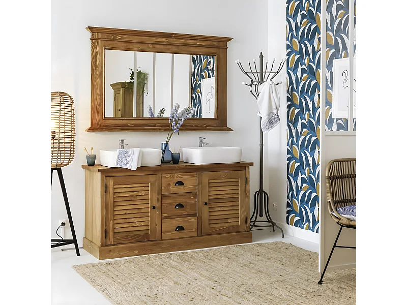 Mueble bajo lavabo de pino macizo Manel 150 cm con almacenamiento y 3 cajones