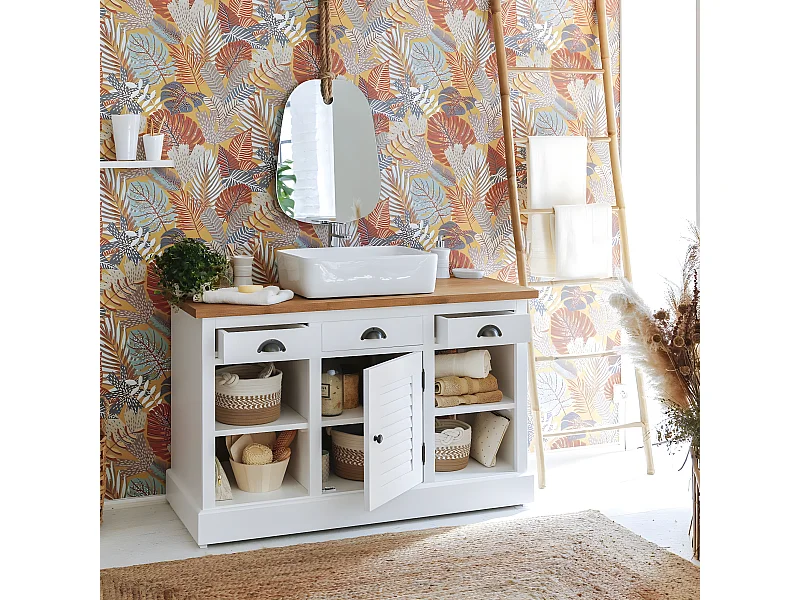 Mueble bajo lavabo de pino macizo blanco Manel 120 cm con almacenamiento para baño