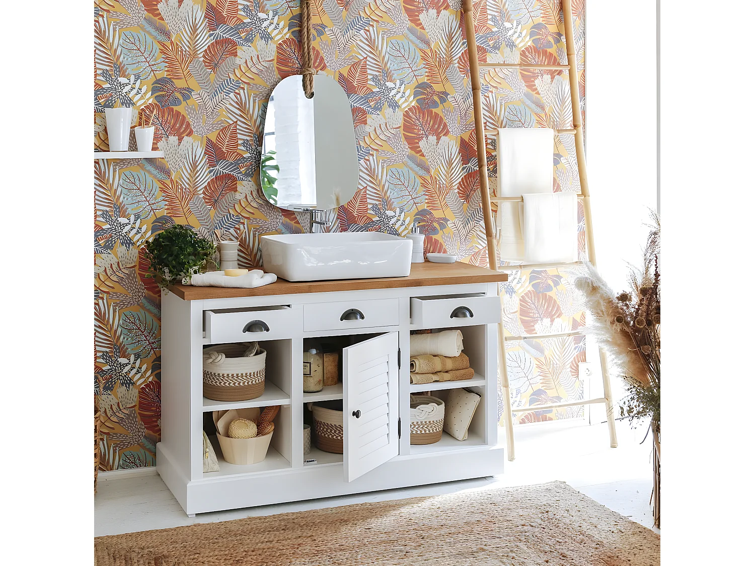 Mueble bajo lavabo de pino macizo blanco Manel 120 cm con almacenamiento para baño