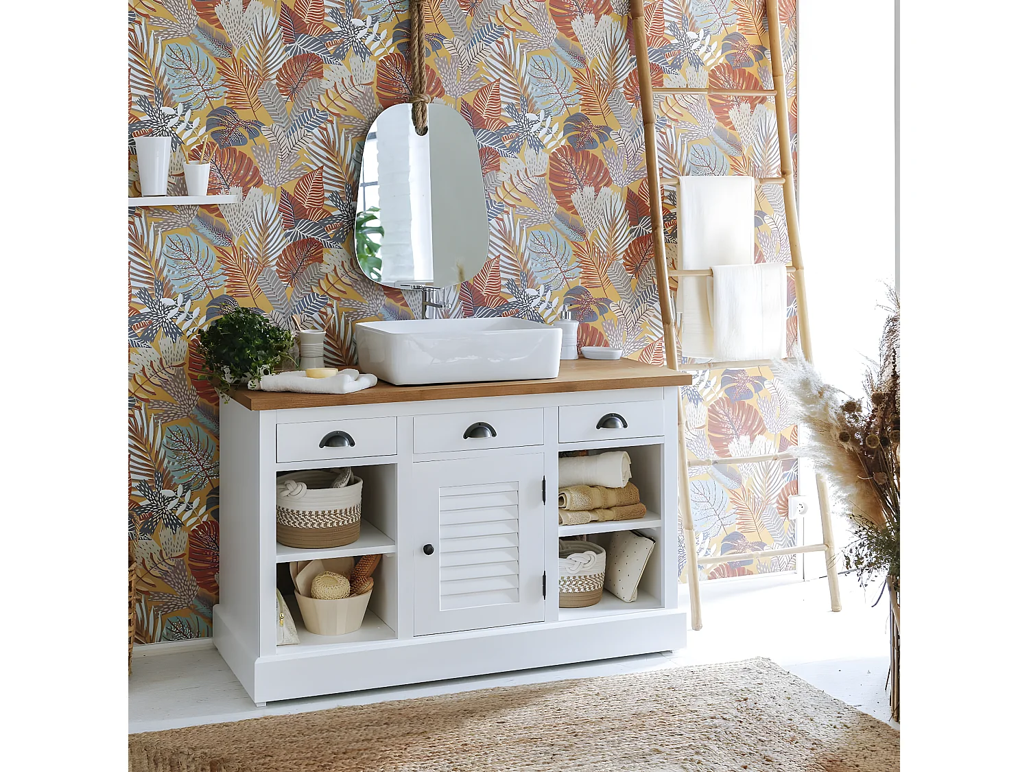 Mueble bajo lavabo de pino macizo blanco Manel 120 cm con almacenamiento para baño