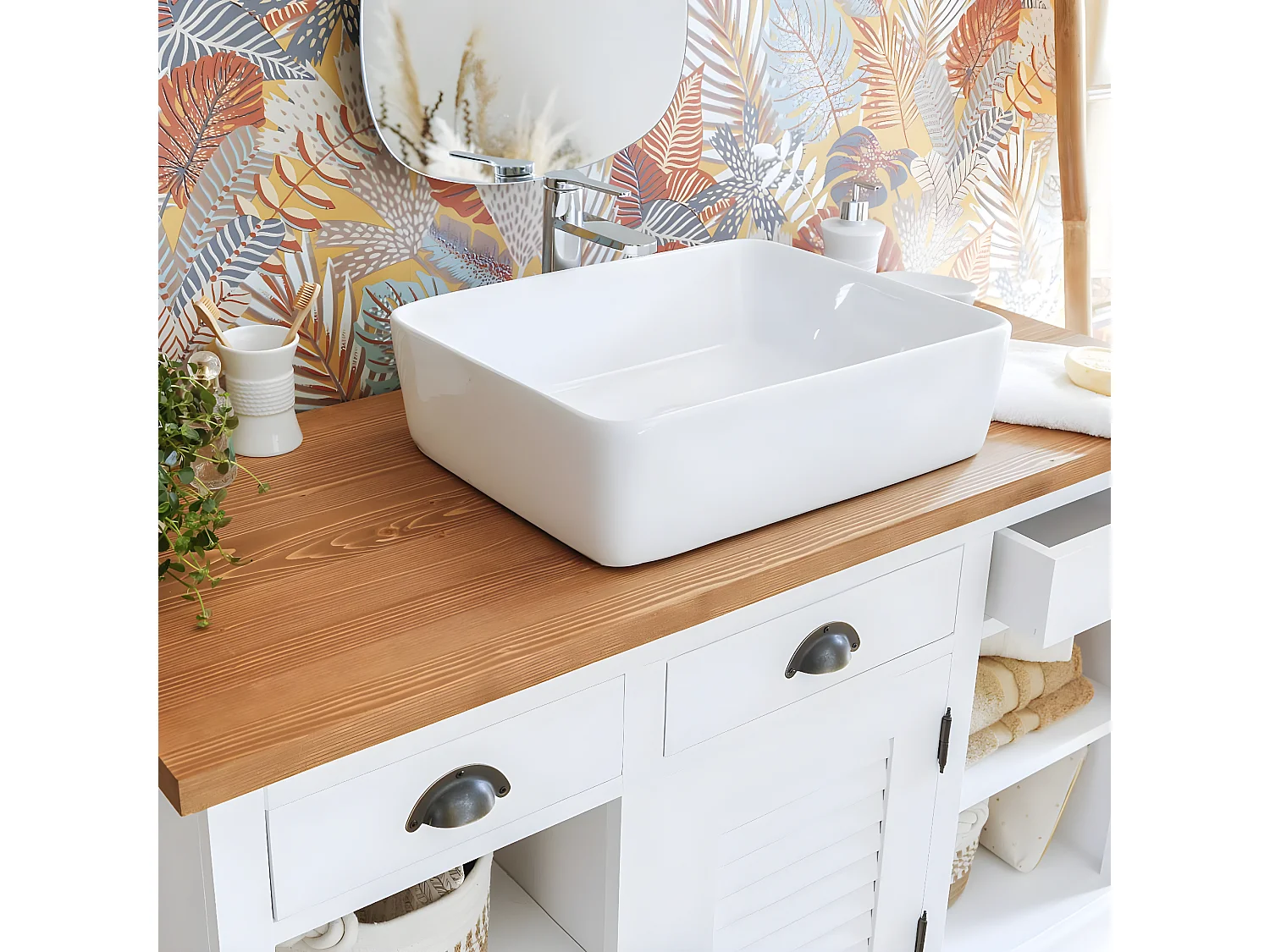 Meuble sous vasque en pin massif blanc 120 cm Manel